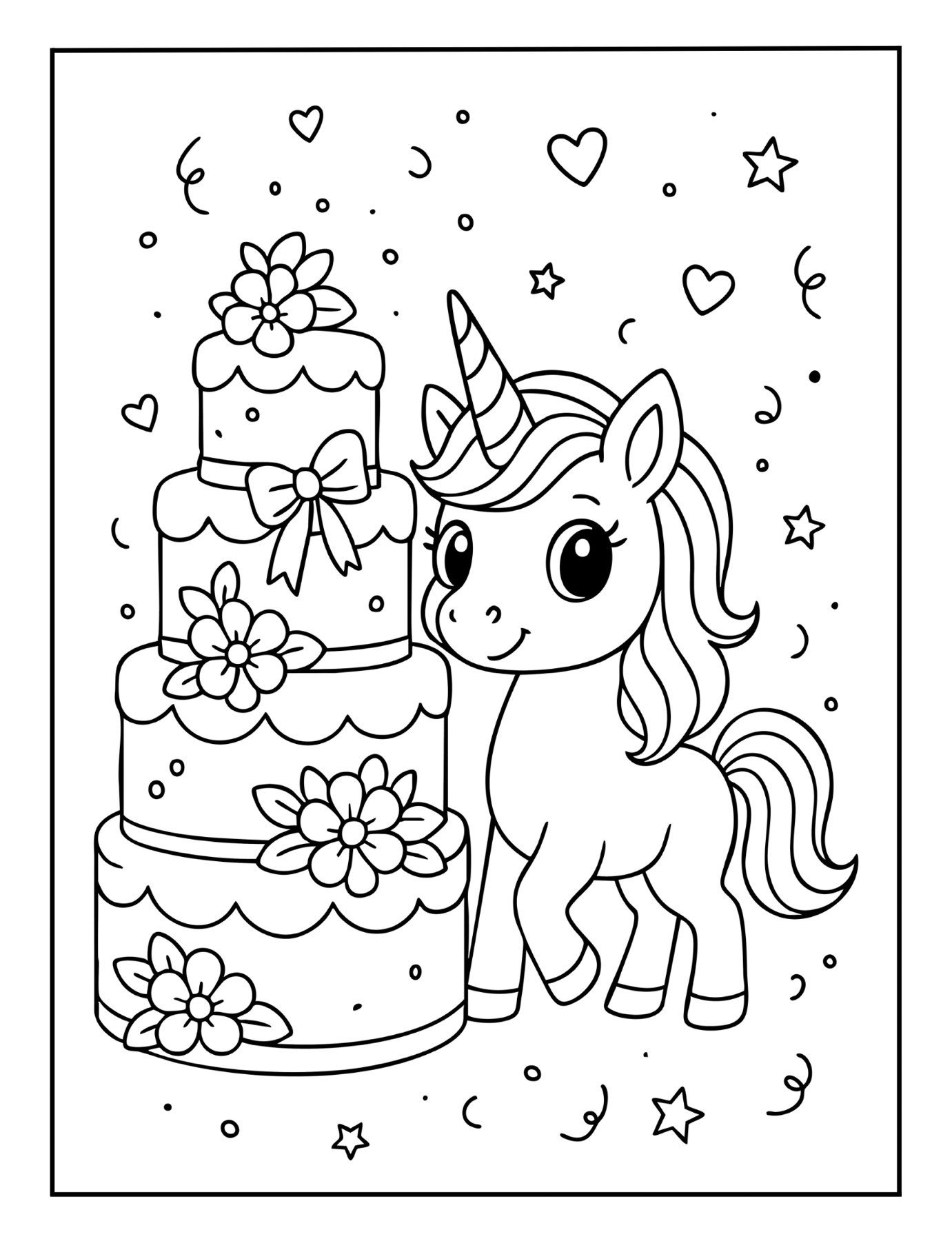 Cute unicorn coloring page of a unicorn standing beside a tall decorated birthday cake with flowers and confetti.