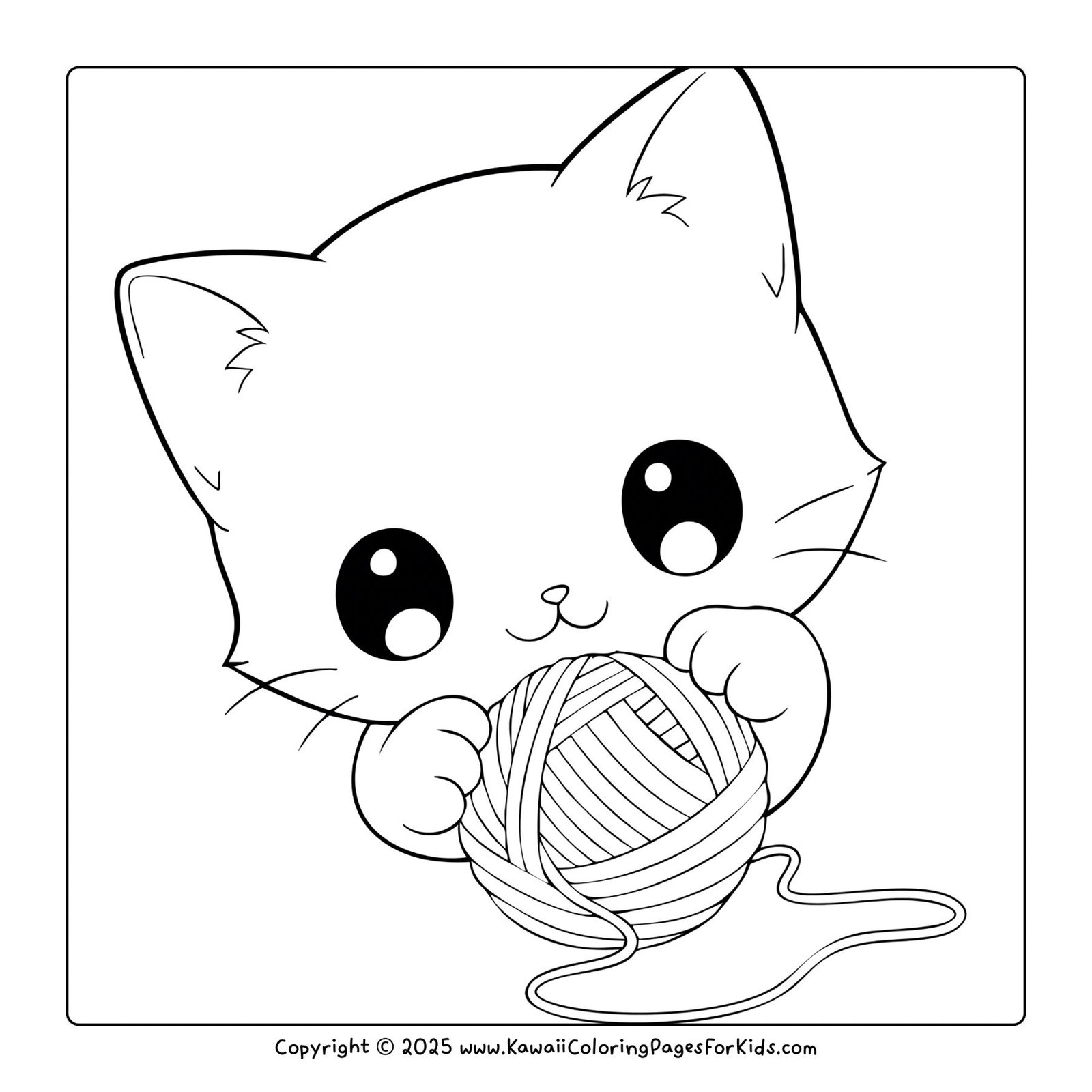 Free kawaii cat coloring page – cute kitten playing with a ball of yarn, printable PDF coloring sheet for children.