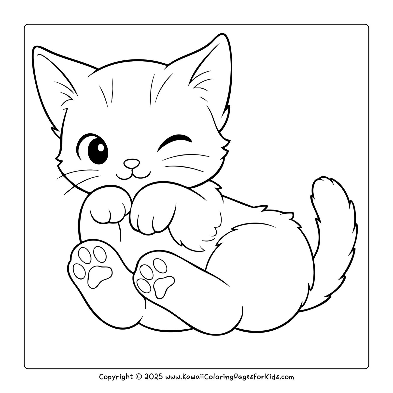 Printable PDF cat coloring page of a kawaii kitten sitting with paws tucked and big eyes, free download for kids.