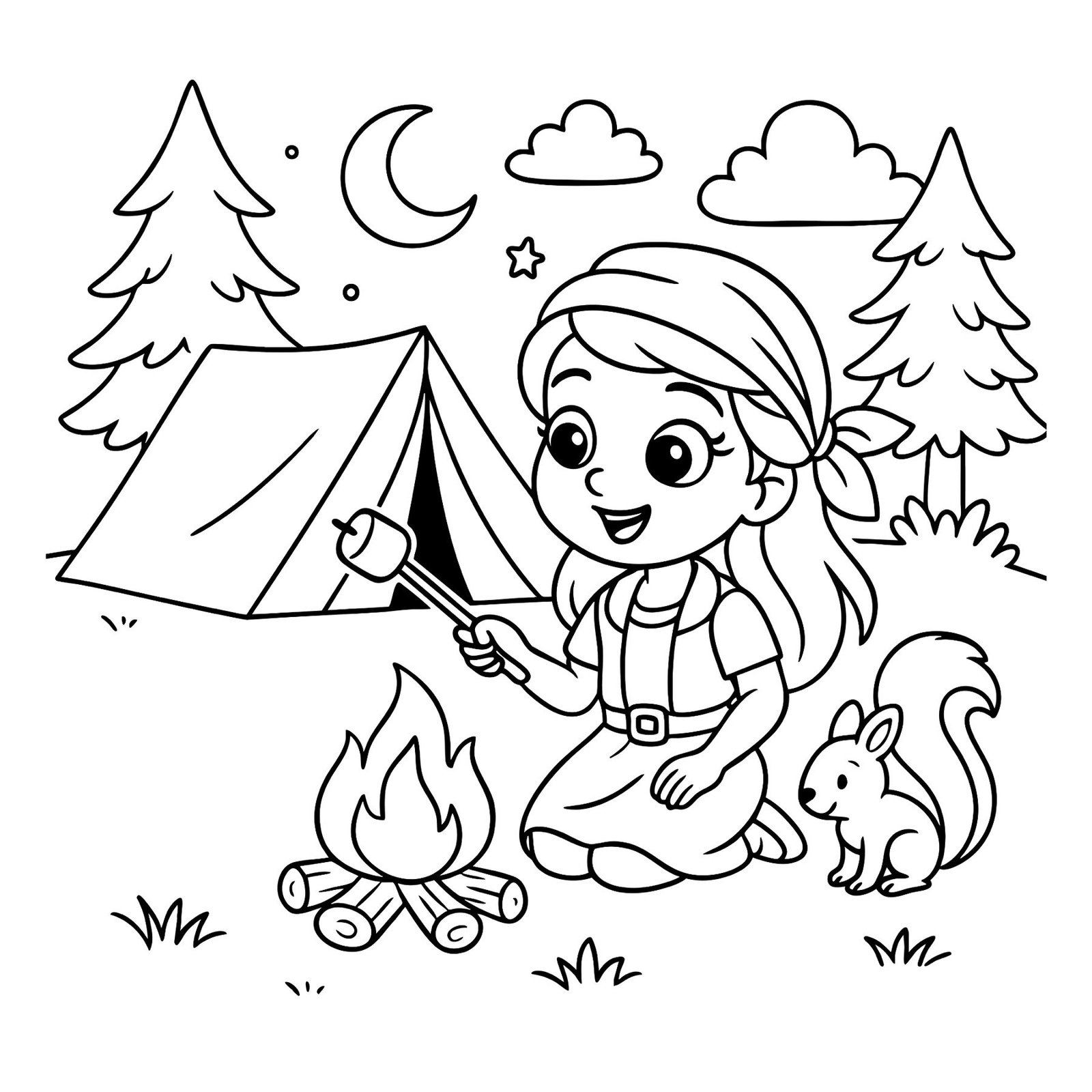 Cute coloring page of a princess sitting by a campfire with marshmallow, tent, and squirrel.