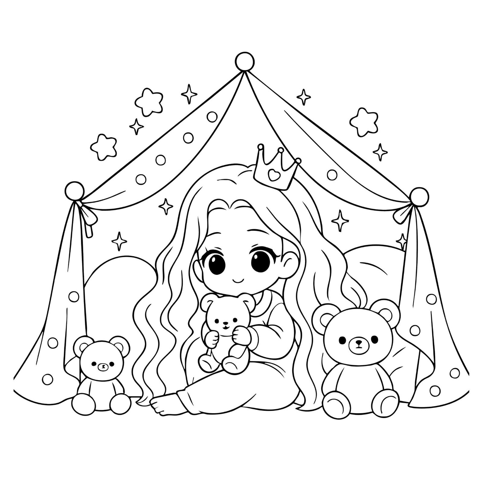 Printable princess coloring sheet with a kawaii princess sitting in a play tent with teddy bears.