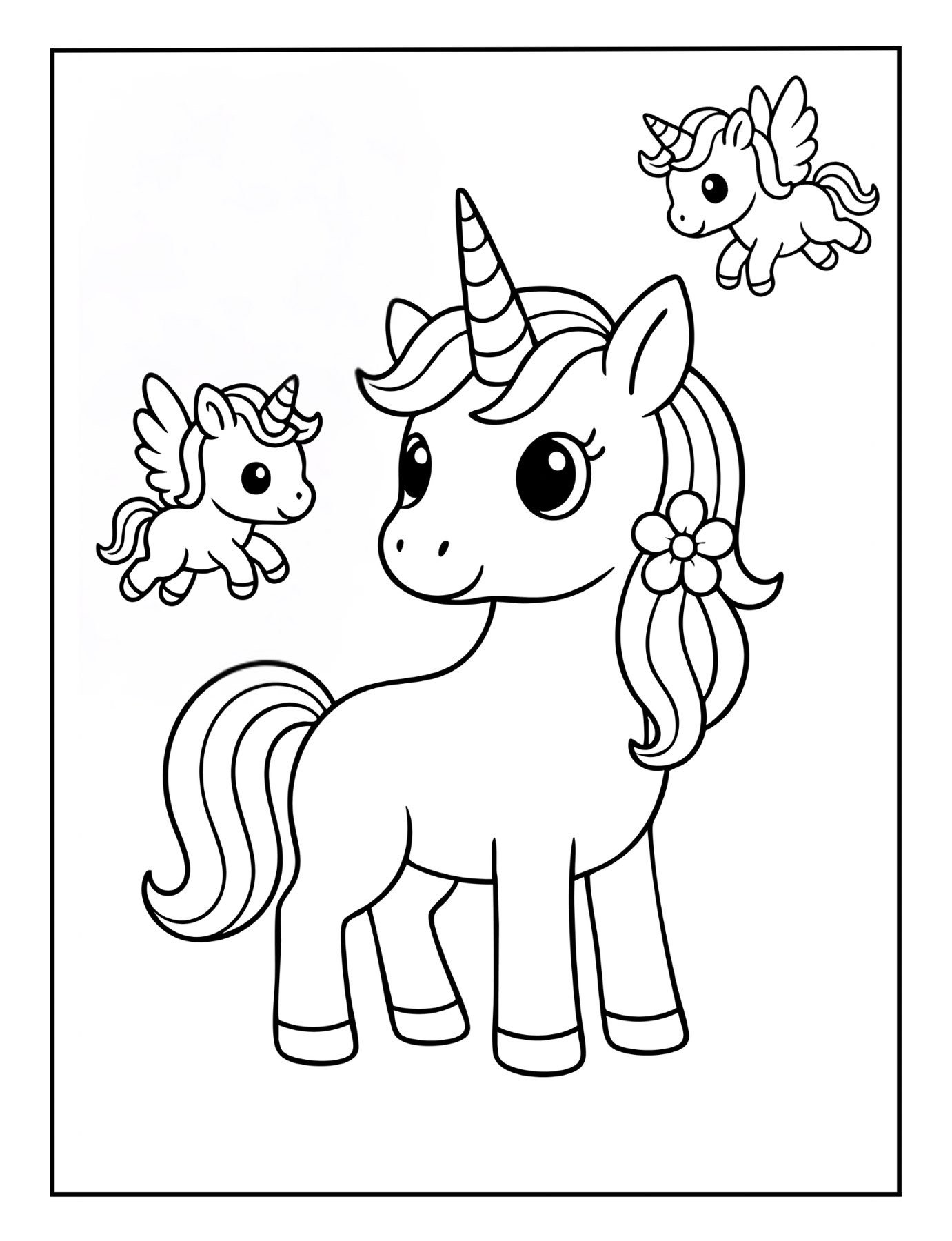 Cute unicorn coloring page of a unicorn with two small flying baby unicorns beside it.