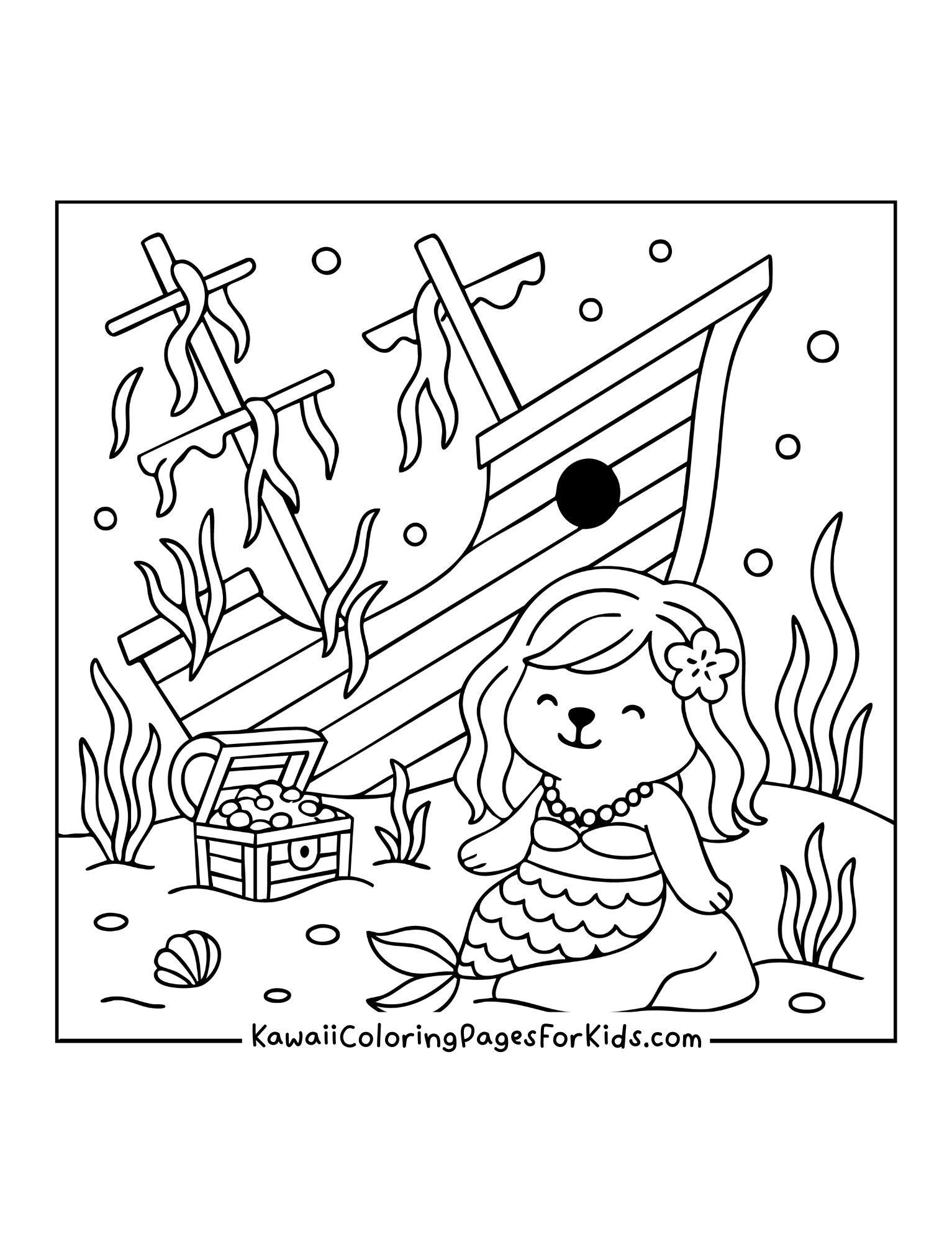 Mermaid bear sitting on seabed with treasure chest and shells, next to a large sunken ship and seaweed.
