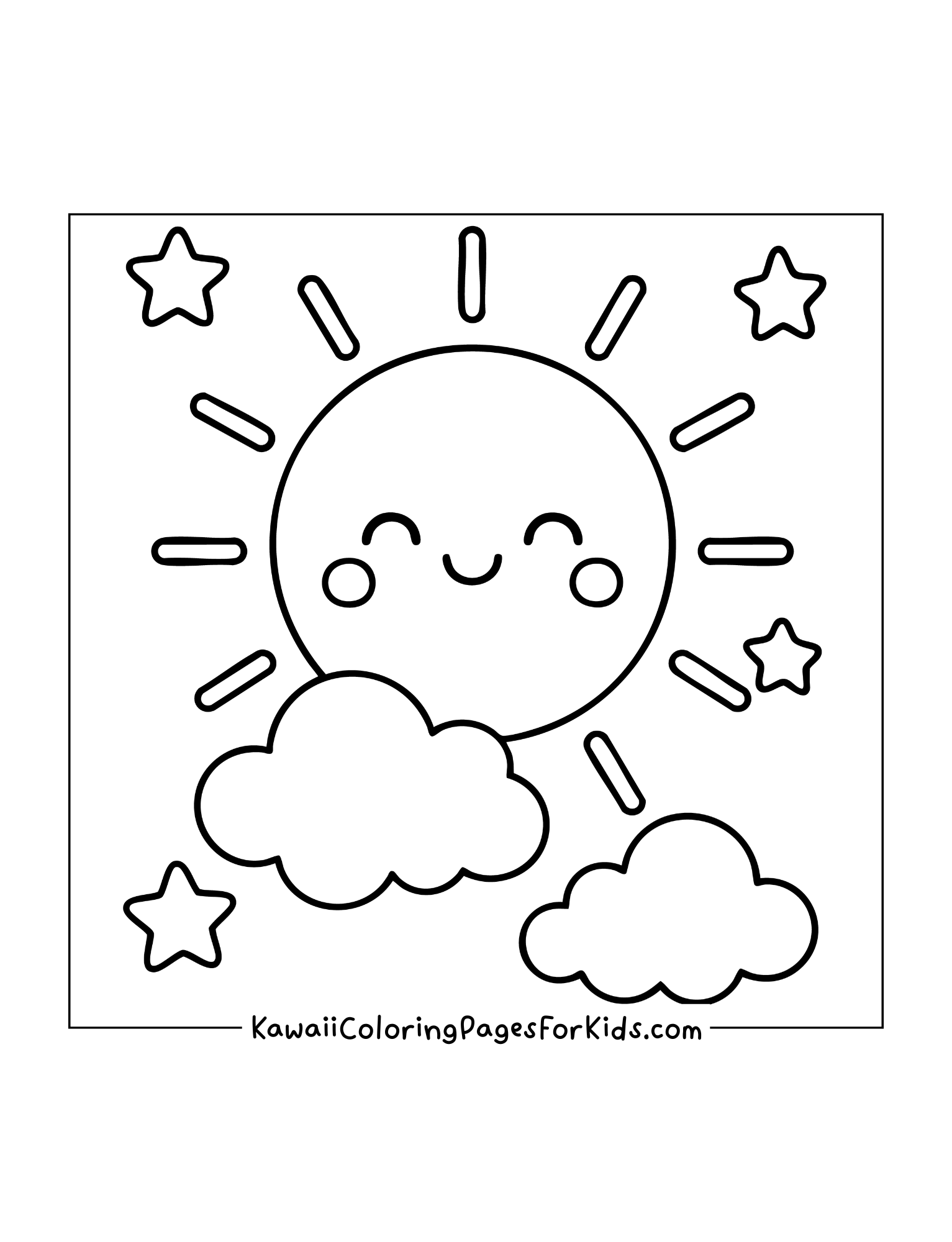 Cute sun with happy face shining behind clouds, surrounded by stars in the sky.