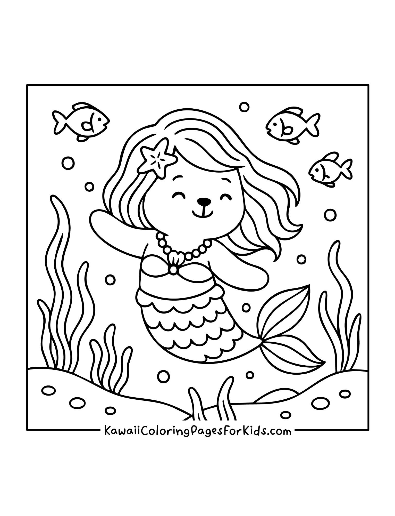 Mermaid bear wearing necklace, swimming underwater with seaweed and fish.