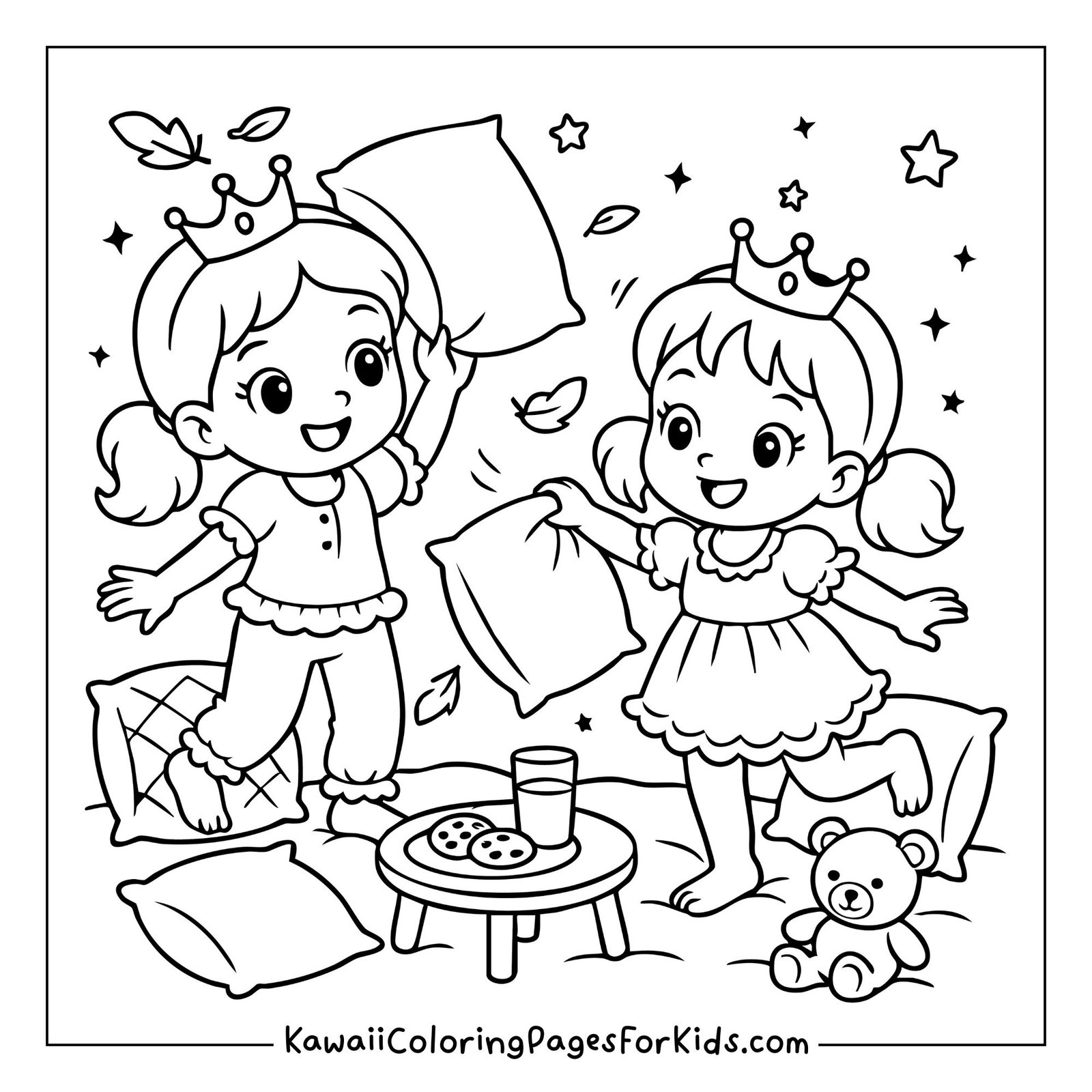 Two princess girls in pajamas having a pillow fight with toys and snacks, kawaii coloring sheet for children.