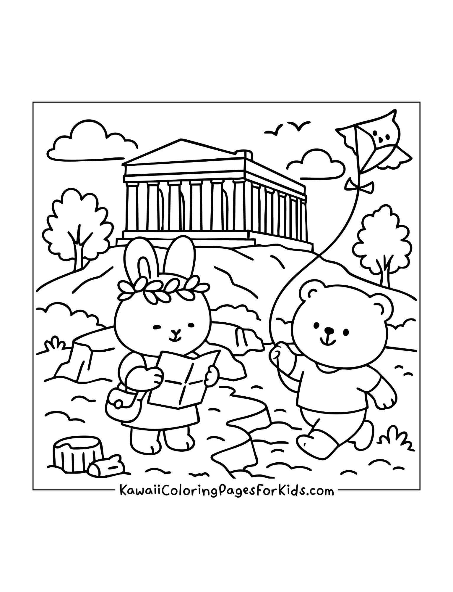 Cute bear flying kite and bunny reading a map in front of a Greek-style temple with columns.