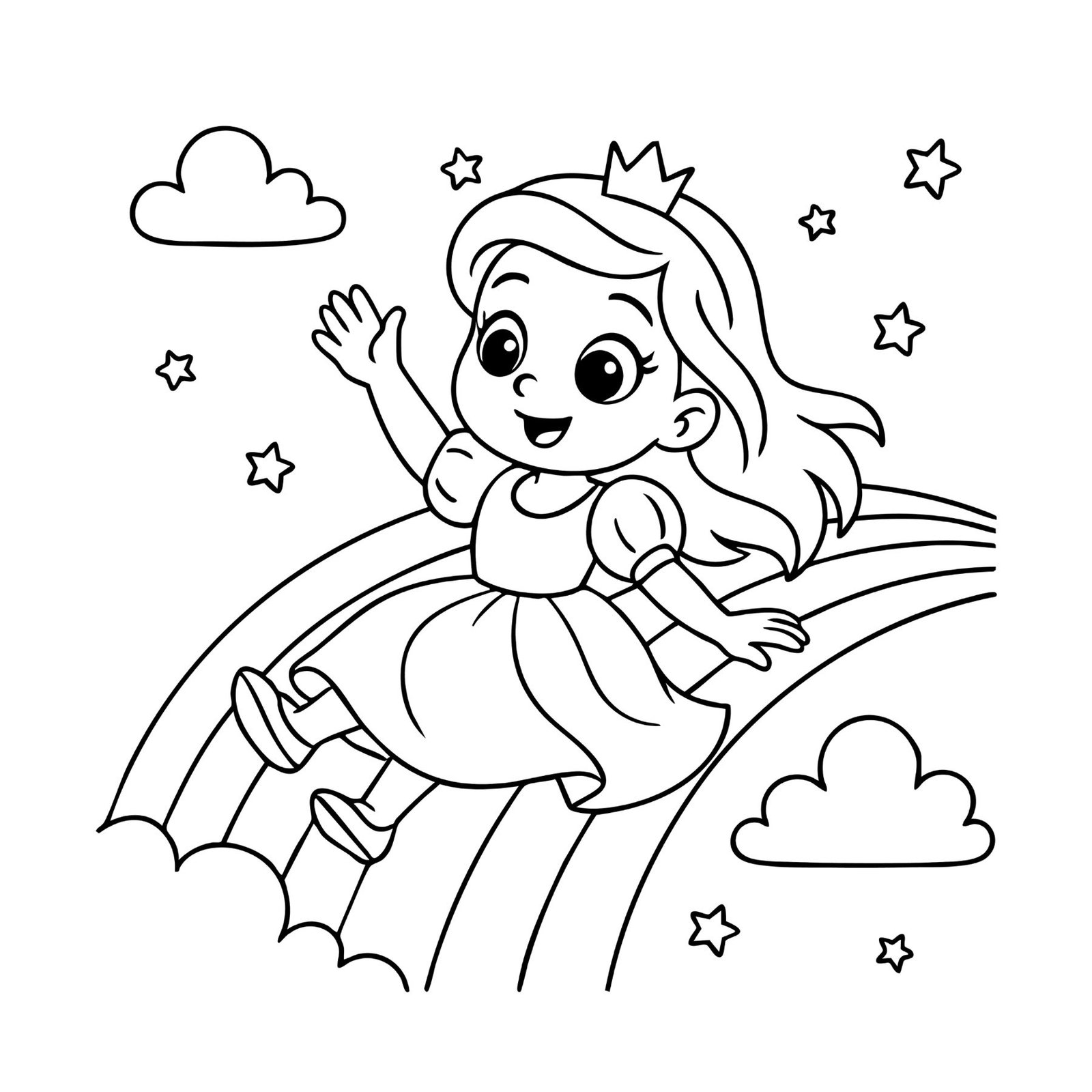 Adorable princess coloring page of a girl sliding down a rainbow with stars and clouds.