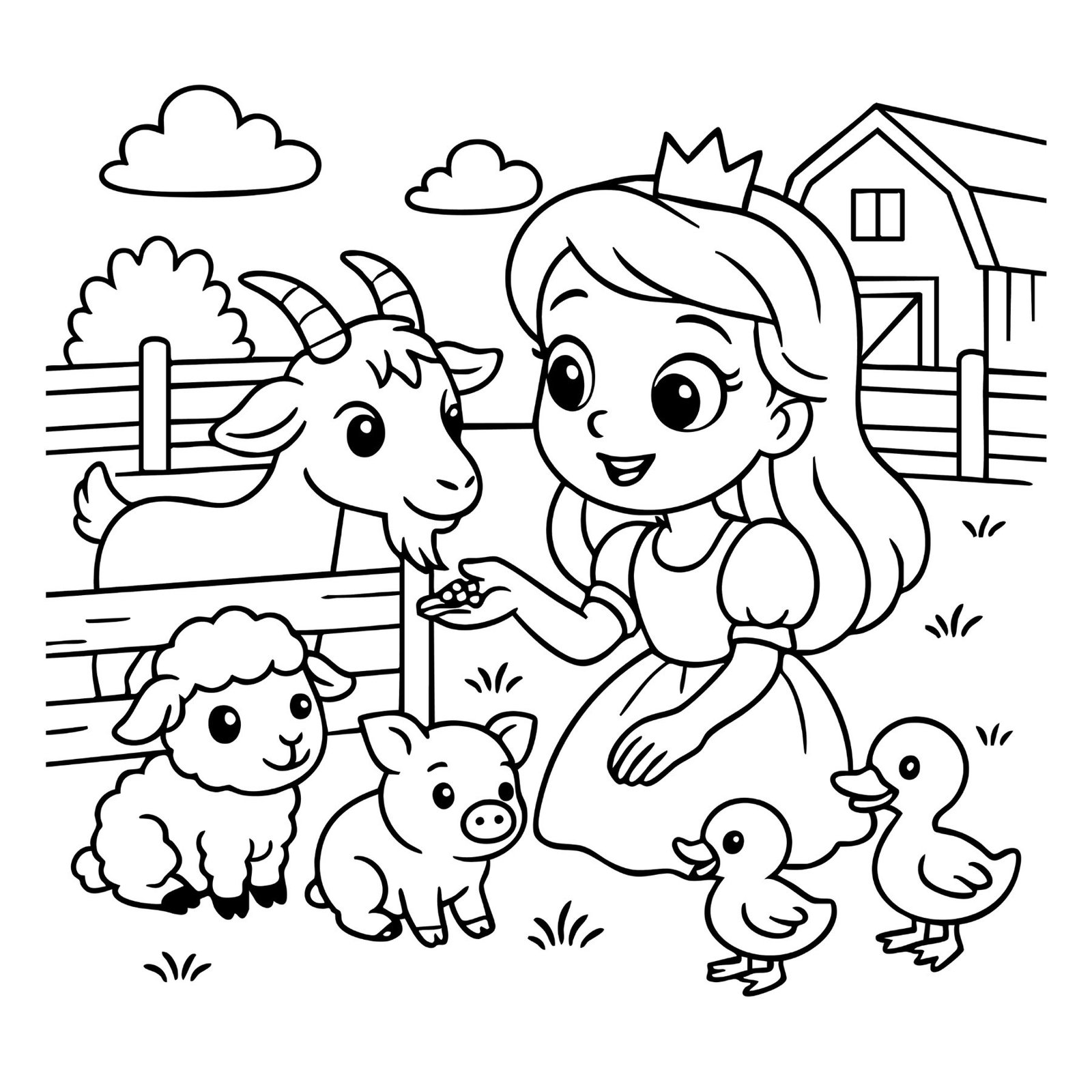 Cute princess coloring page of a girl feeding ducks, lambs, and pigs on a farm.