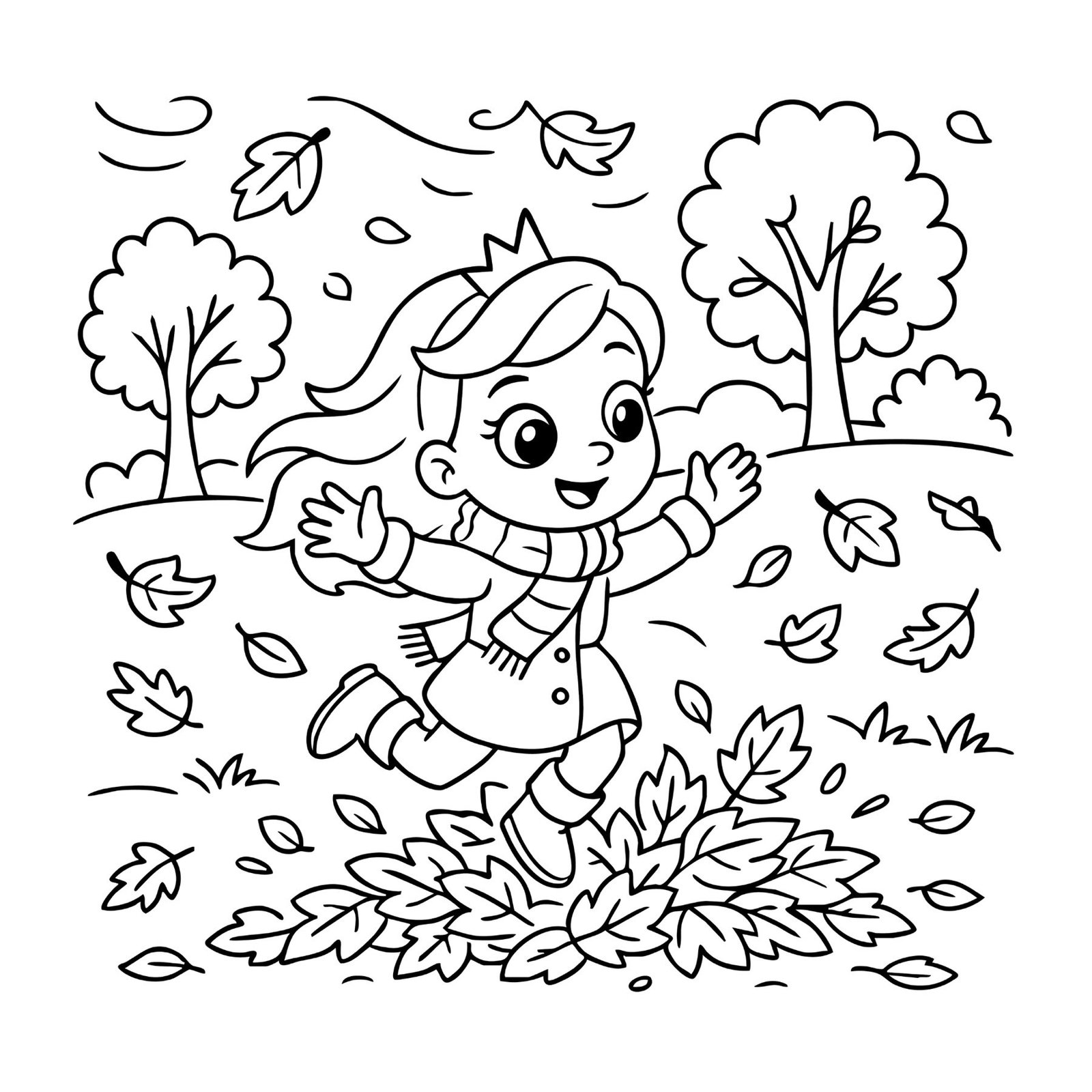 Fun princess coloring page of a girl jumping in a pile of autumn leaves.