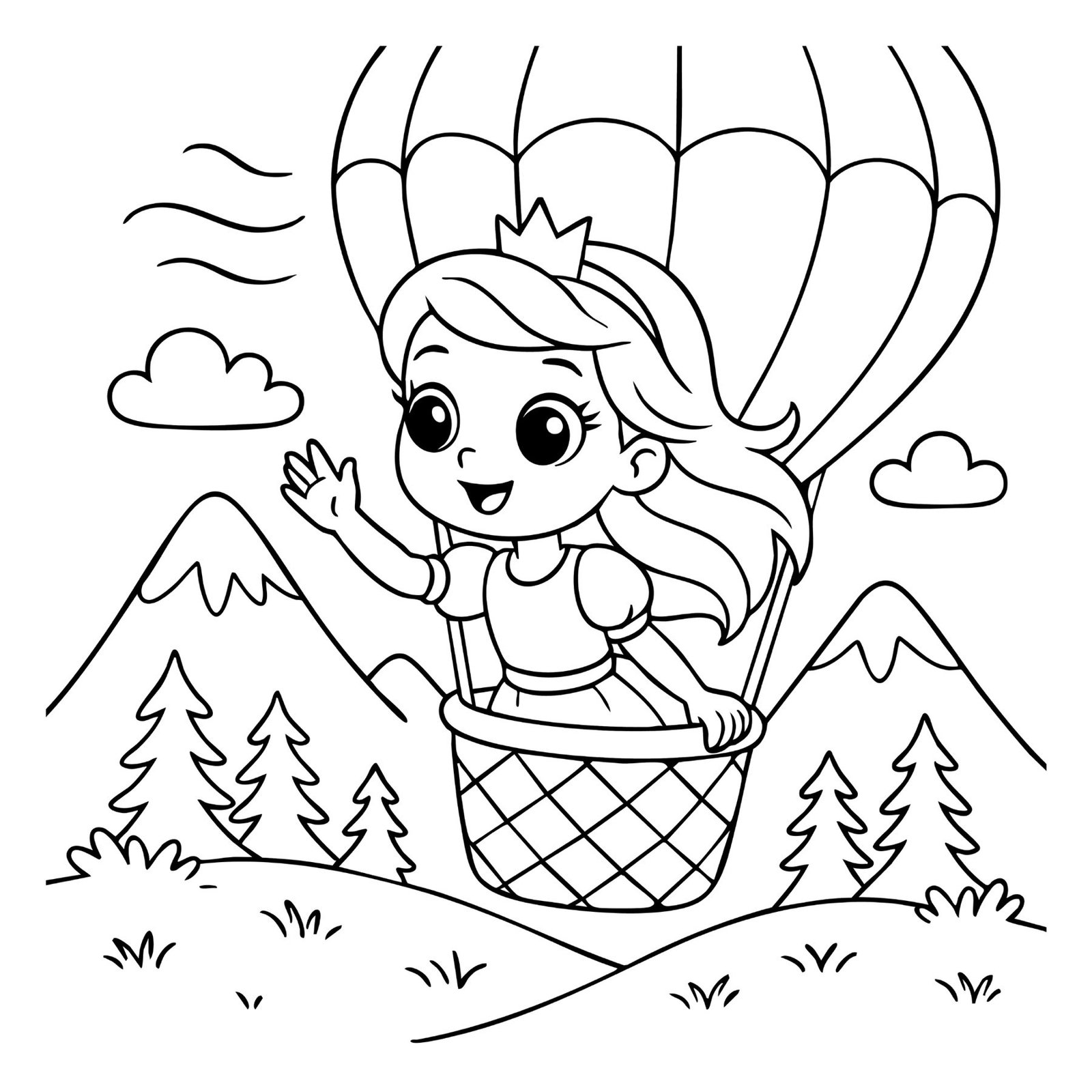 Printable princess coloring page of a girl waving from a hot air balloon above the mountains.