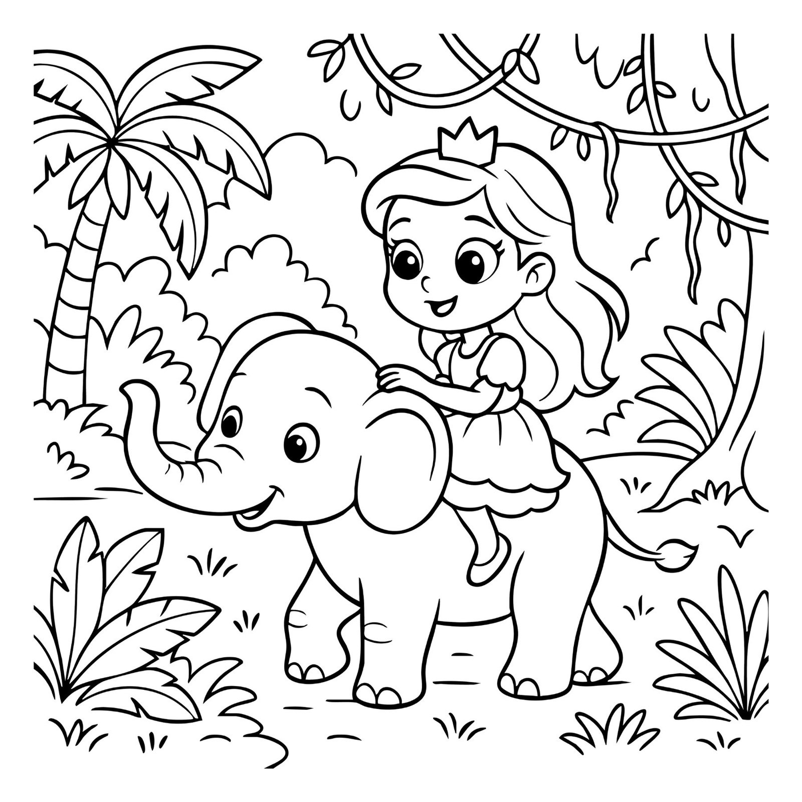 Adorable princess coloring page of a girl riding a baby elephant in the jungle.