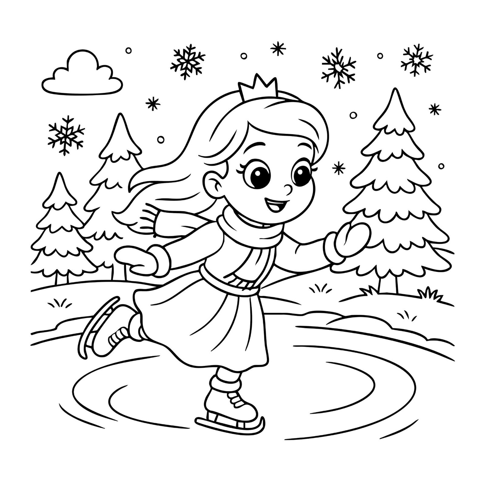 Cute princess coloring page of a girl ice skating with snowflakes and pine trees in the background.
