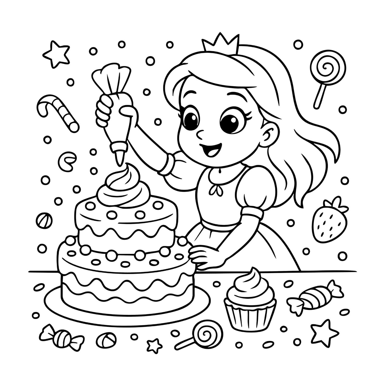 Fun princess coloring page of a girl decorating a birthday cake with candy and cupcakes.