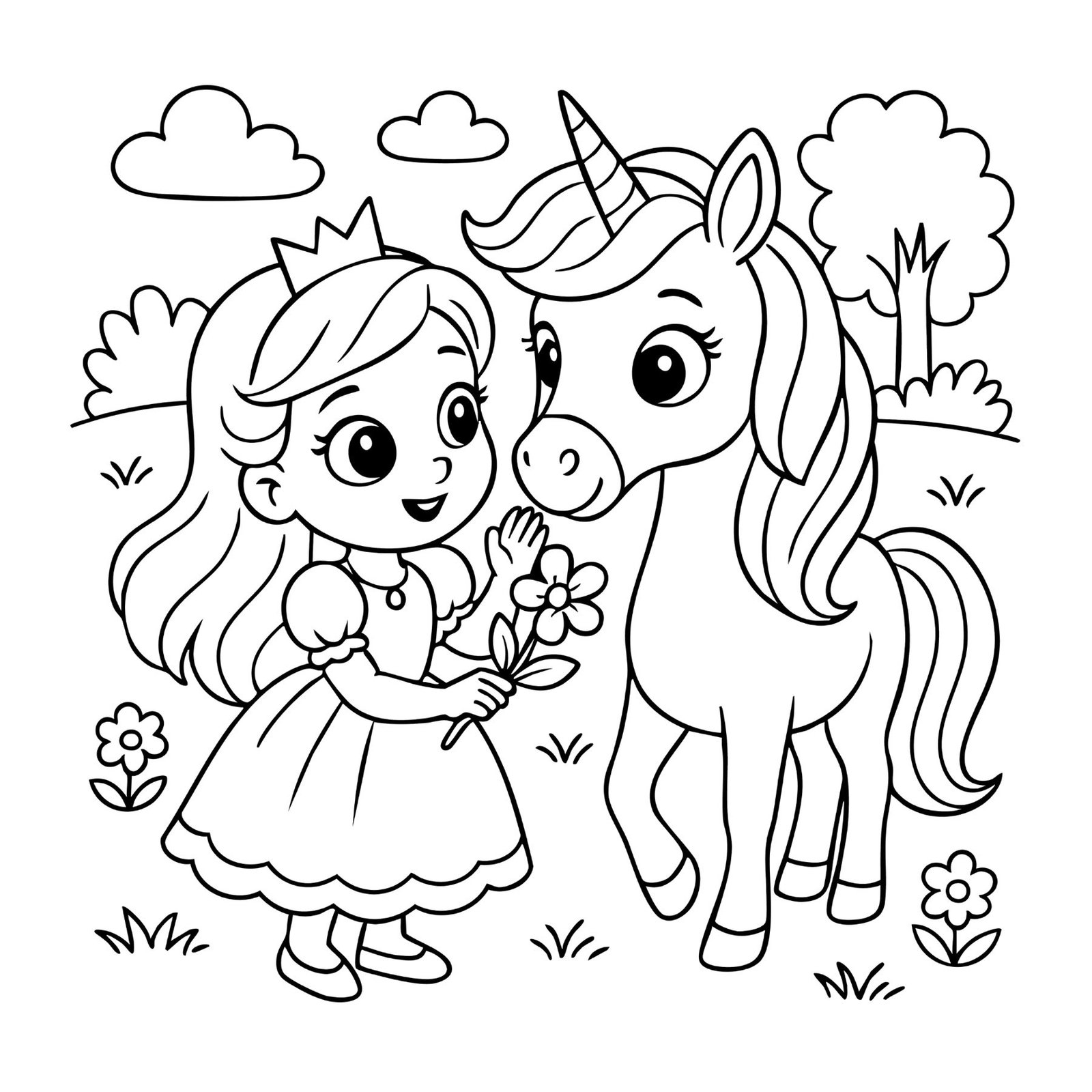Printable princess coloring page of a girl standing beside a unicorn while holding flowers.