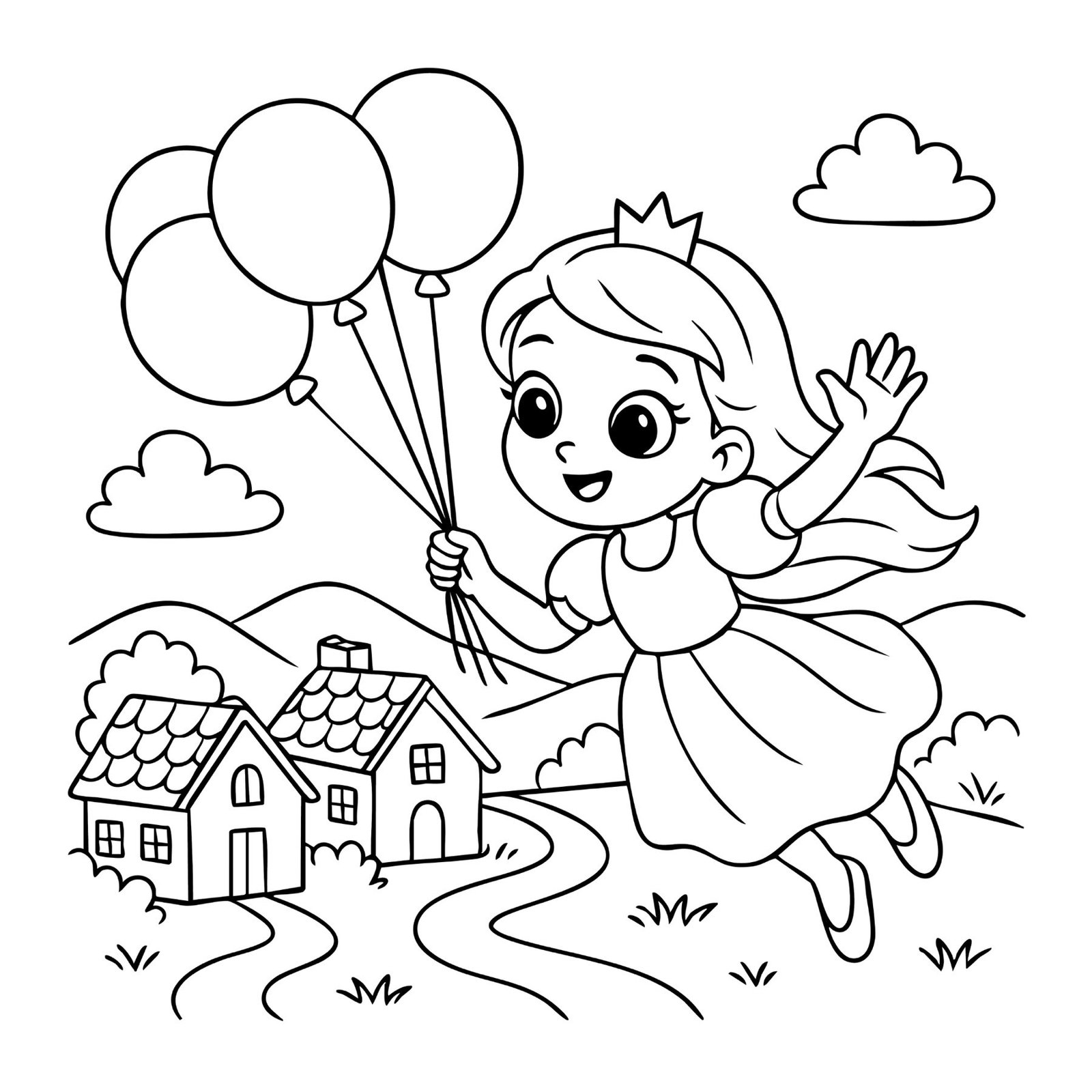 Adorable princess coloring page of a girl holding balloons and flying over little houses.