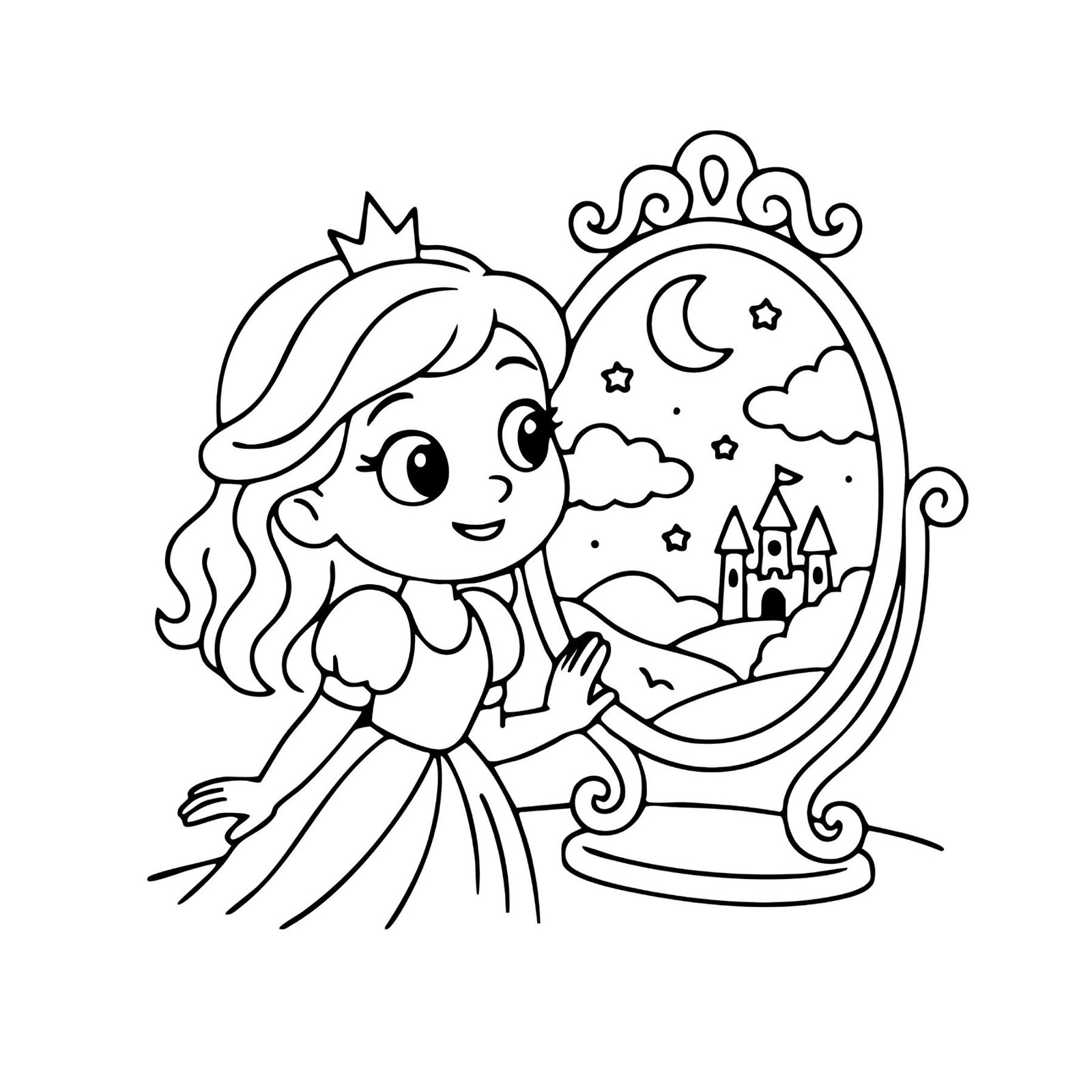 Cute princess coloring page of a girl looking into a mirror showing a castle and stars.
