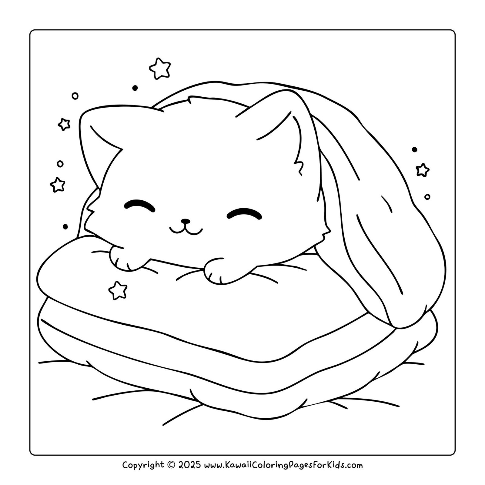 Sleepy kitten snuggled under a blanket with stars, bedtime kitten coloring page free download.
