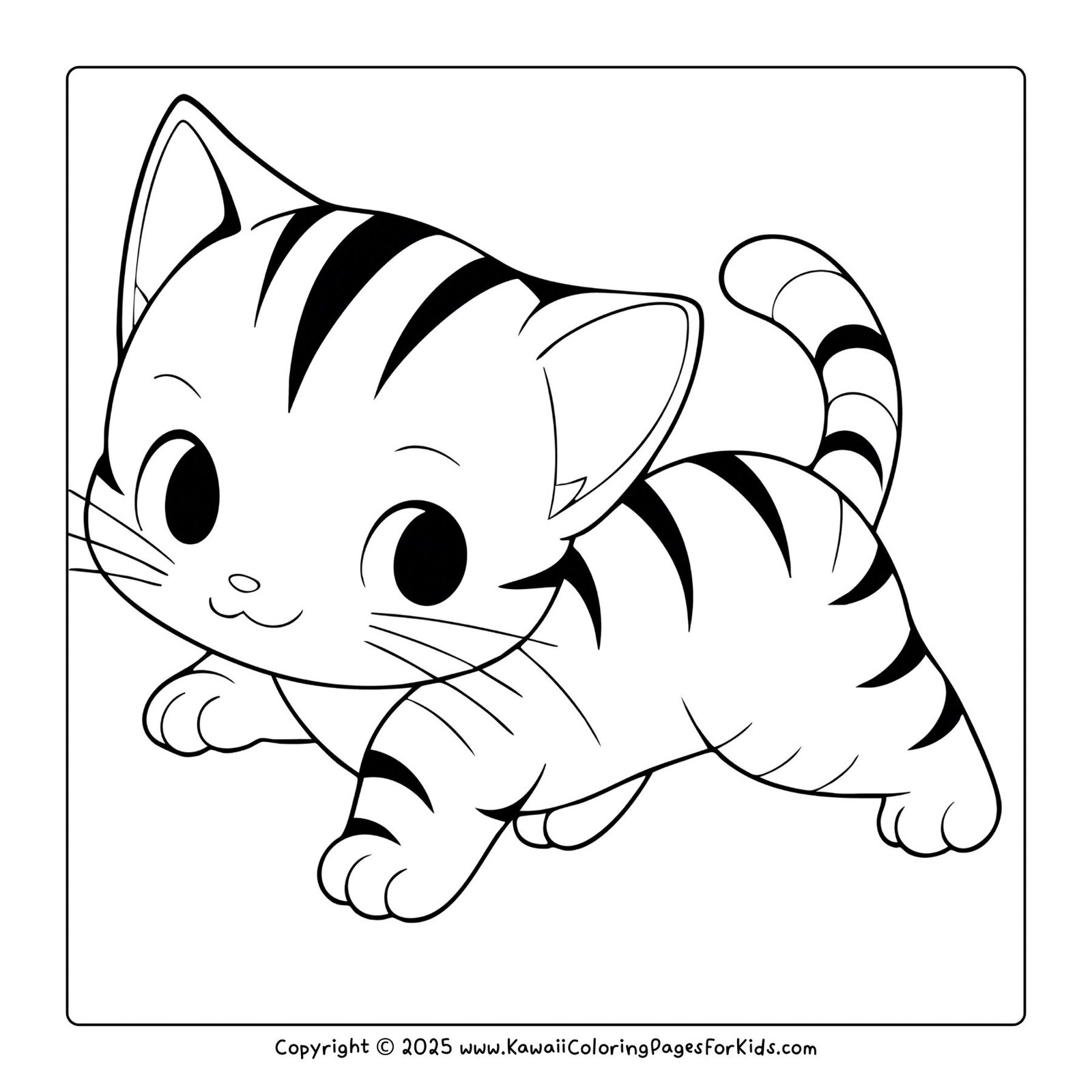 Printable cat coloring page – kawaii striped kitten ready to play, fun free PDF coloring sheet for kids.