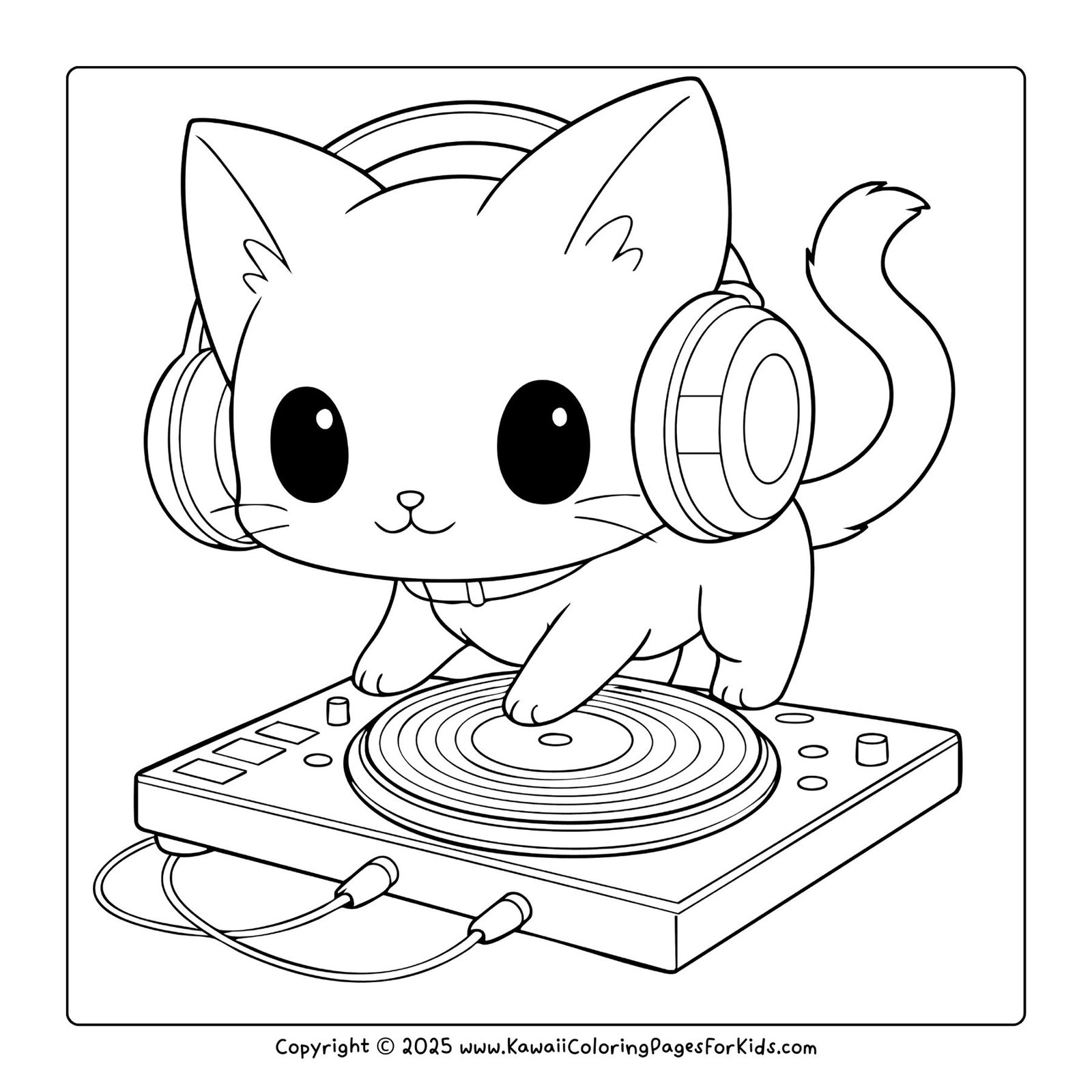 Free printable cat coloring page — kawaii kitten DJ with headphones and turntable, fun PDF download for kids.