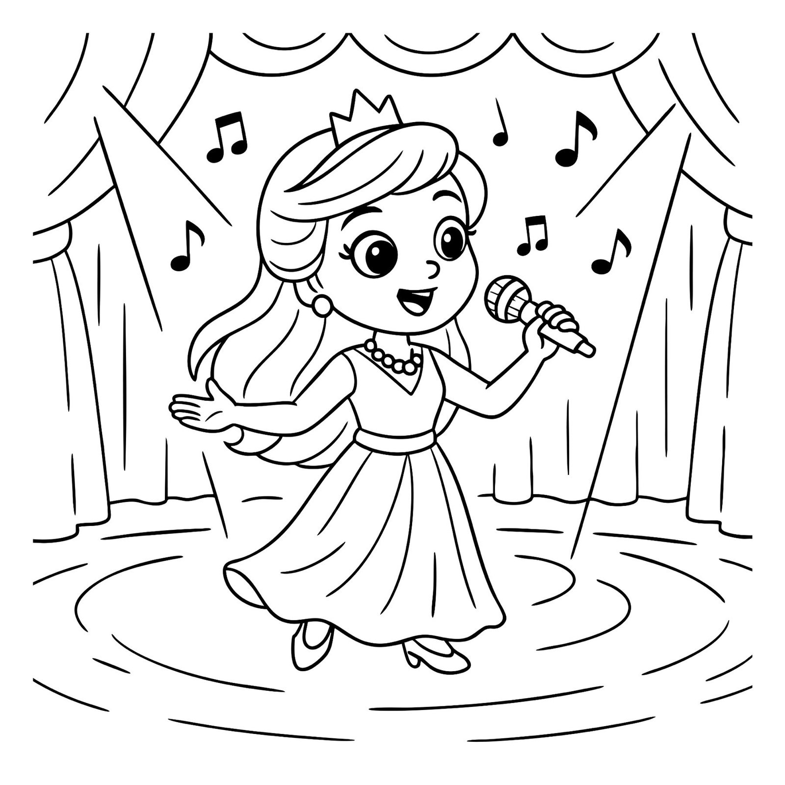 Printable coloring page of a princess in gown performing on stage with a microphone and music notes.