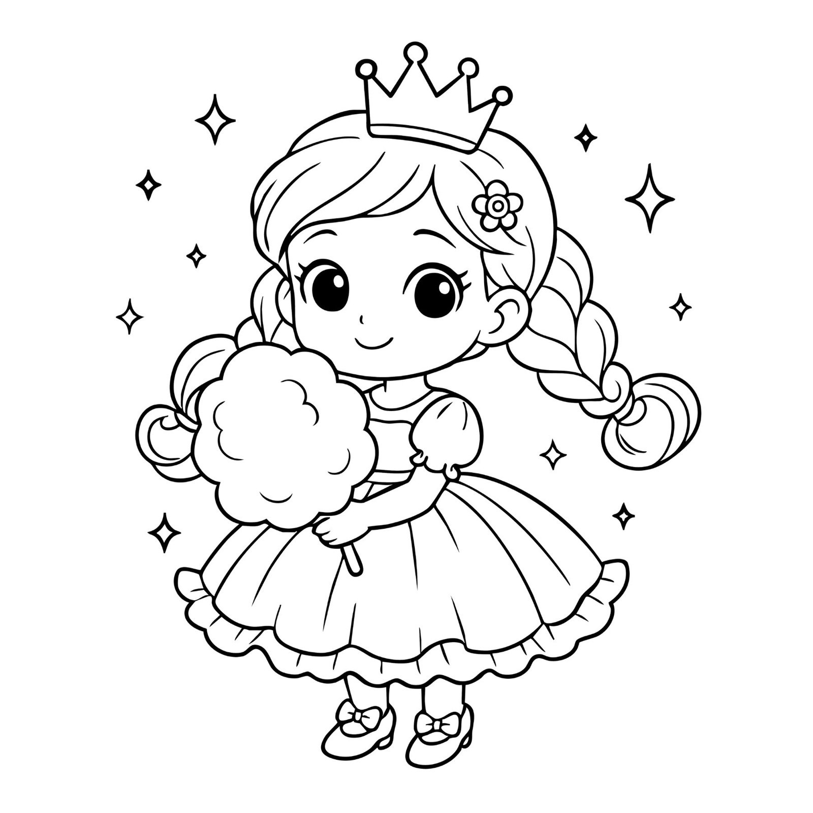 Cute kawaii princess coloring sheet featuring a little girl in a crown holding cotton candy.