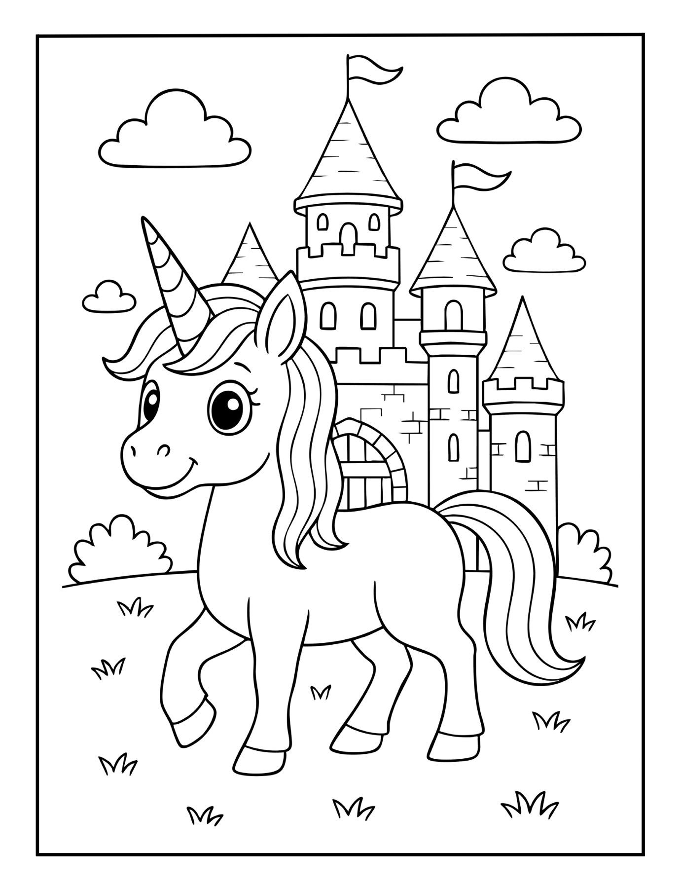 Enchanted unicorn coloring page of a unicorn standing proudly in front of castle gates with tall towers.