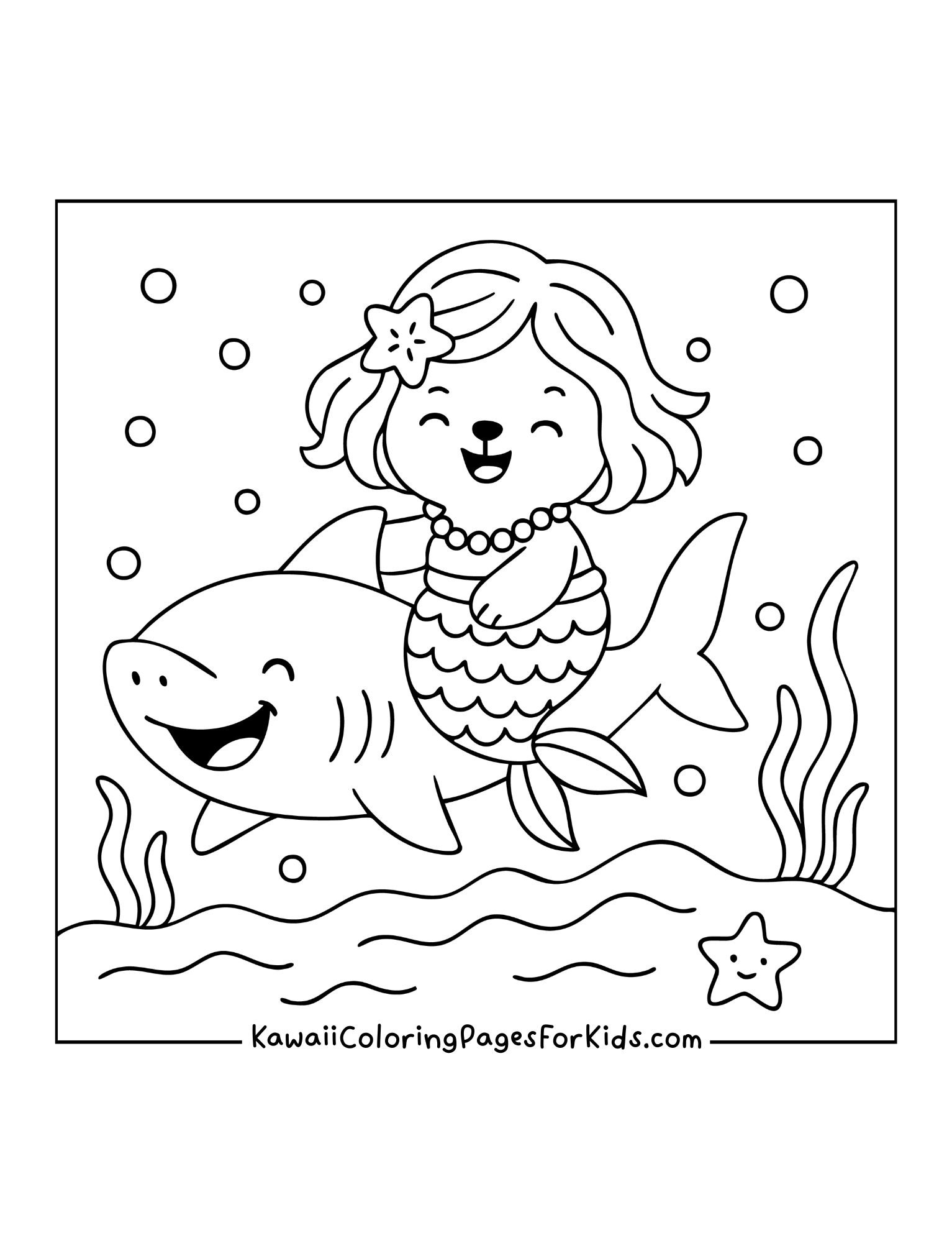 Happy mermaid bear sitting on smiling shark underwater with starfish, fish, and bubbles.