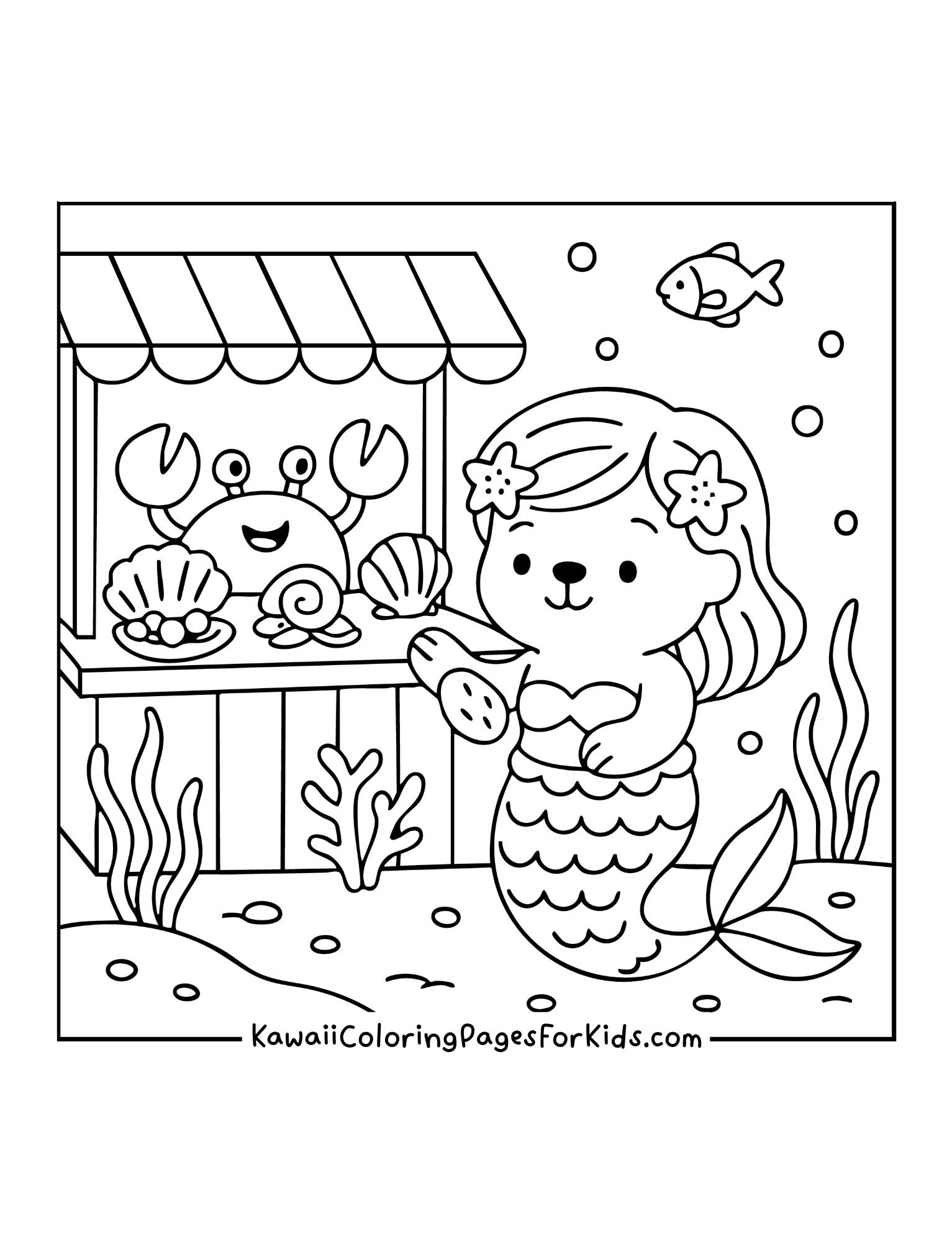 Mermaid bear standing in front of seashell shop counter with crab, shells, and seaweed.