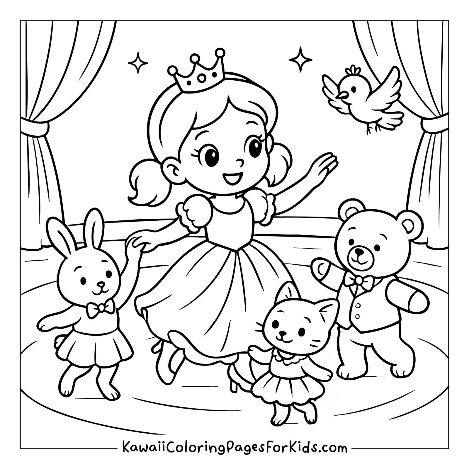 Princess dancing happily on stage with a rabbit, bear, and cat, kawaii princess coloring sheet.