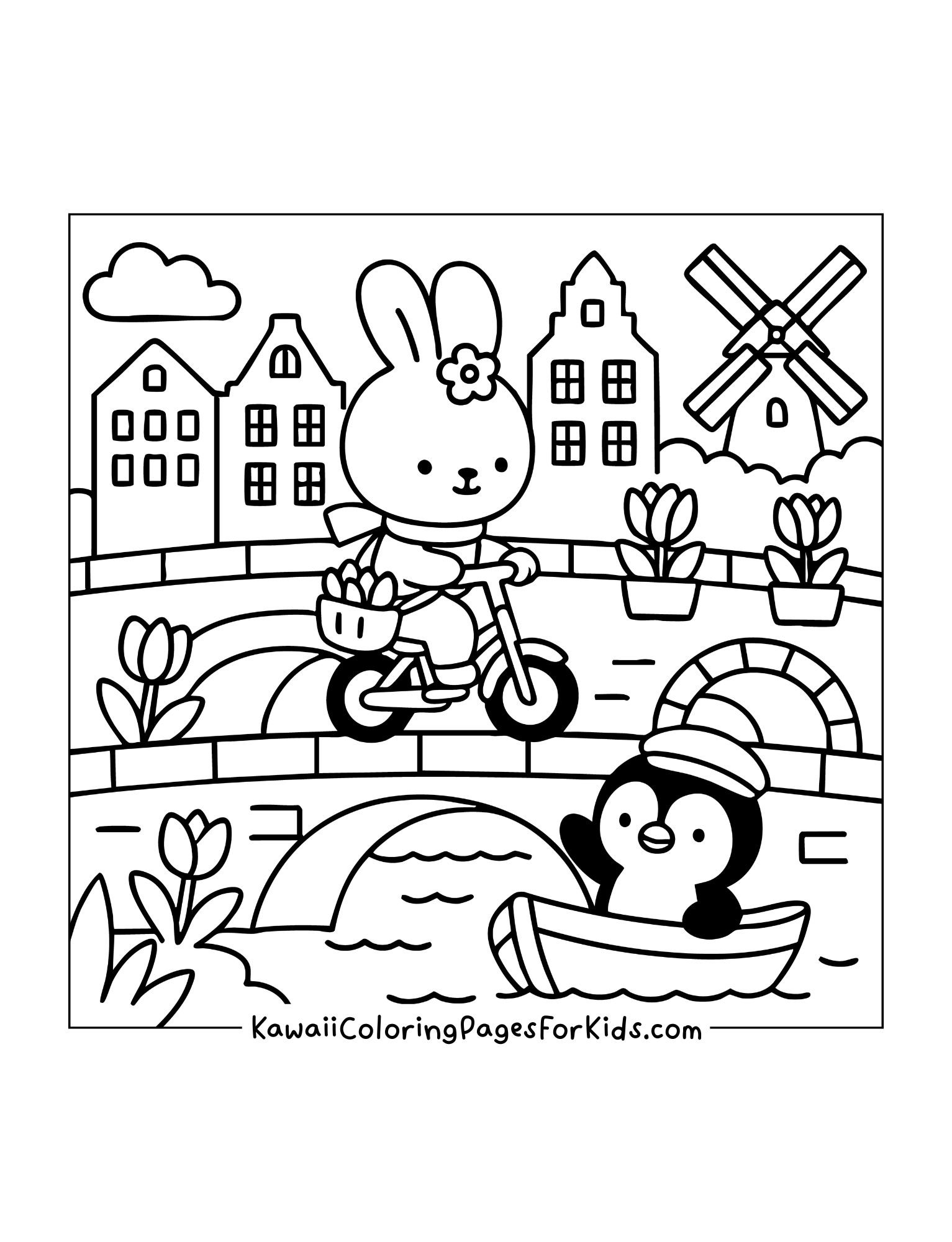 Bunny riding bicycle over canal bridge while penguin rows boat in front of windmill and Dutch houses.