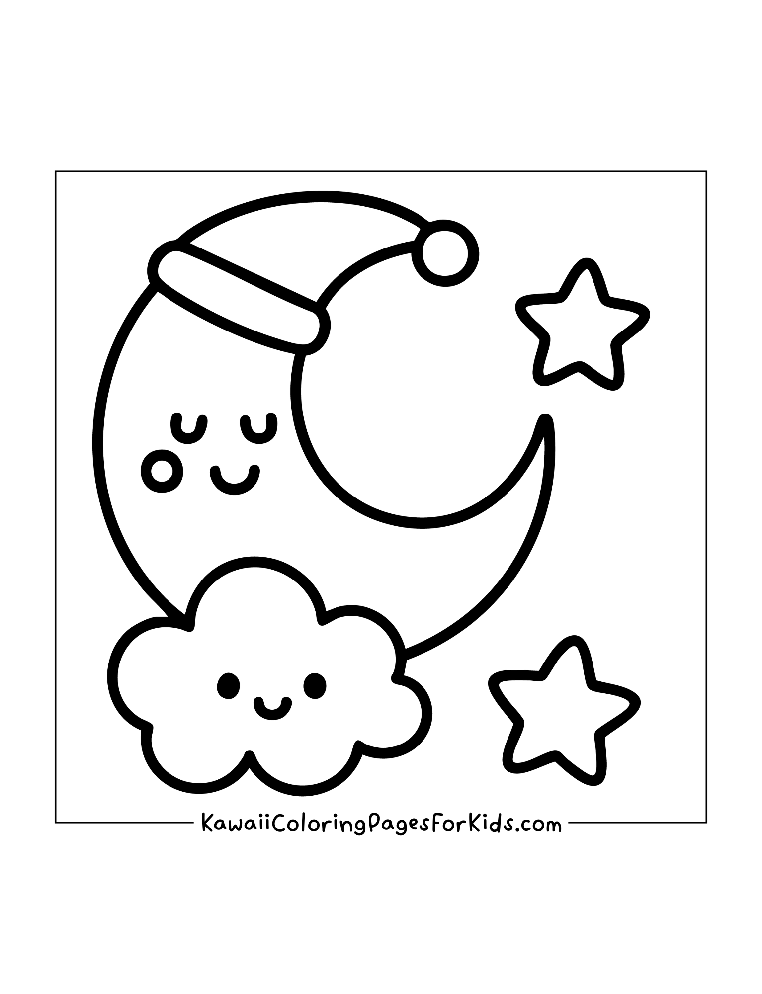 Smiling crescent moon wearing a nightcap with fluffy cloud and stars nearby.
