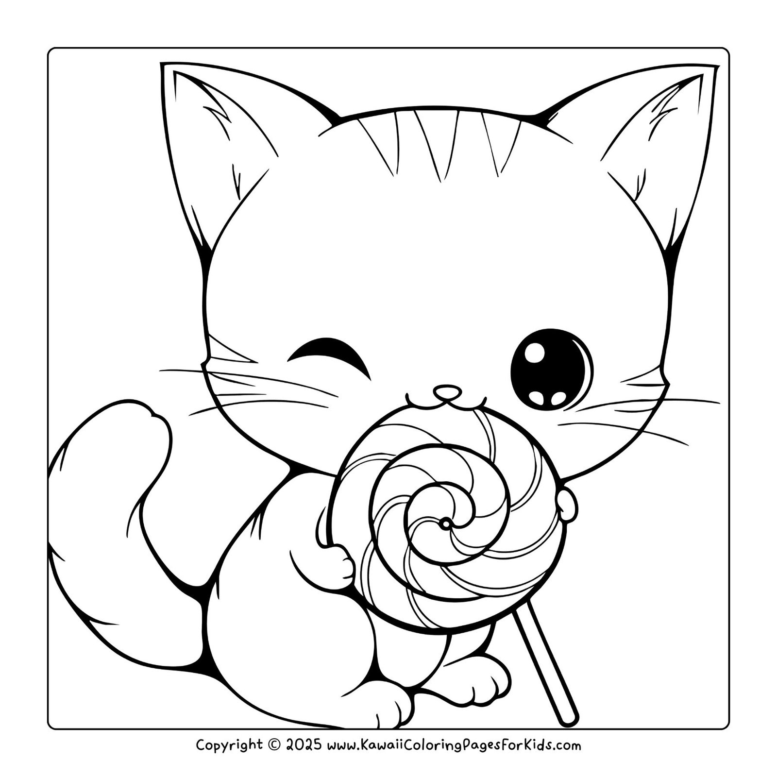 Cute kitten winking while holding a big lollipop, cat coloring page PDF printable.