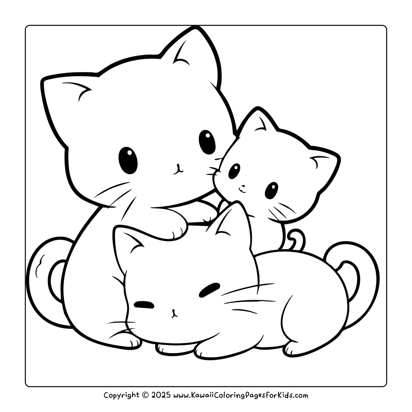 Free printable cat coloring page – kawaii kitten family cuddling together, adorable PDF coloring sheet for kids.