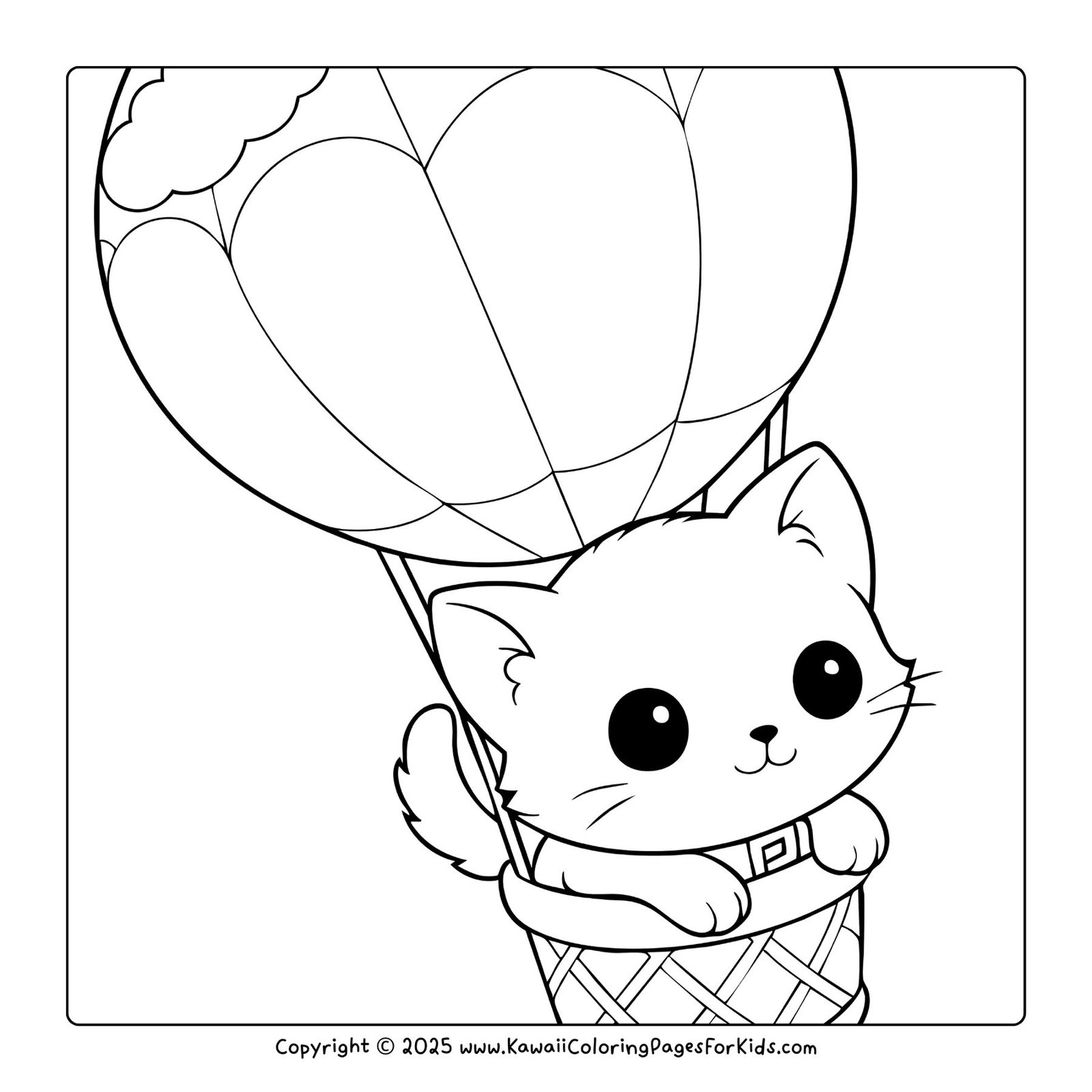 Free cat coloring page download — kawaii kitten riding in a hot air balloon basket, printable PDF for kids.