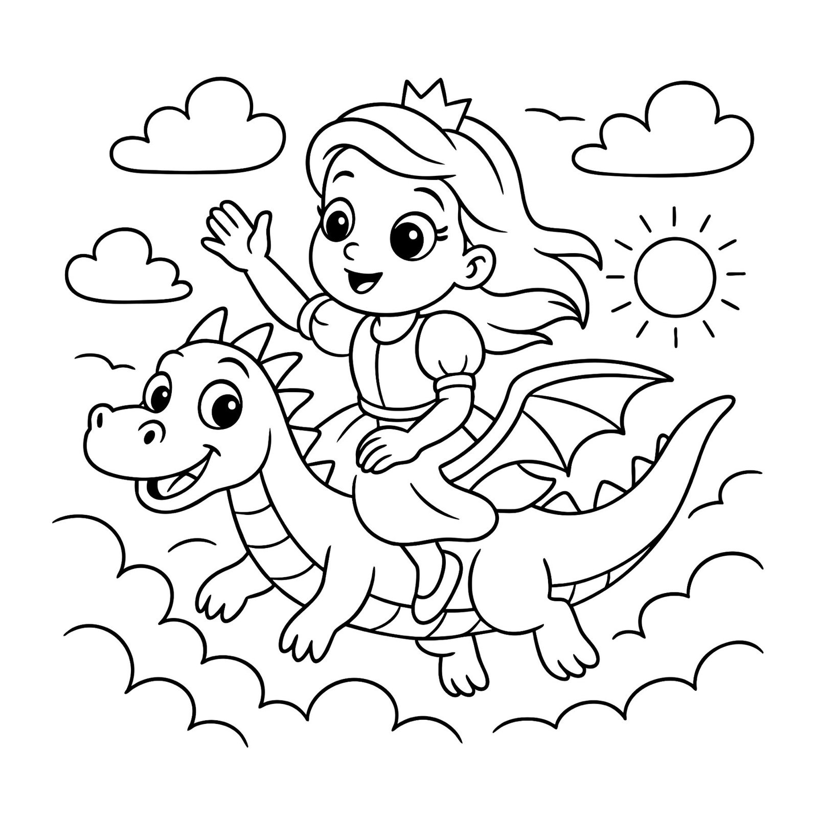Fun coloring page of a kawaii princess riding a friendly dragon through the clouds.