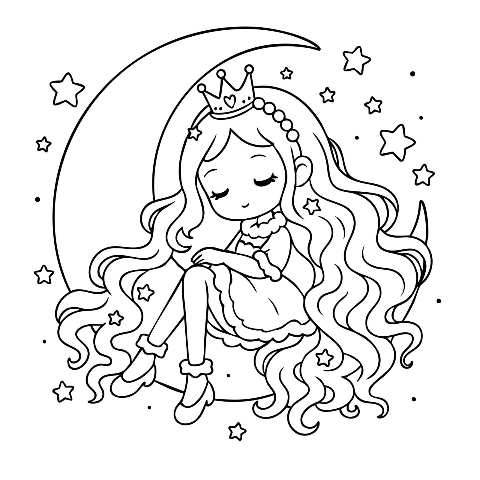 Cute printable princess coloring sheet with a kawaii princess resting on the moon under the night sky.
