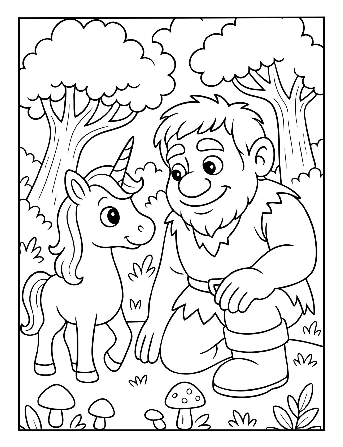 Fantasy unicorn coloring page of a unicorn meeting a gentle giant in a forest with mushrooms.