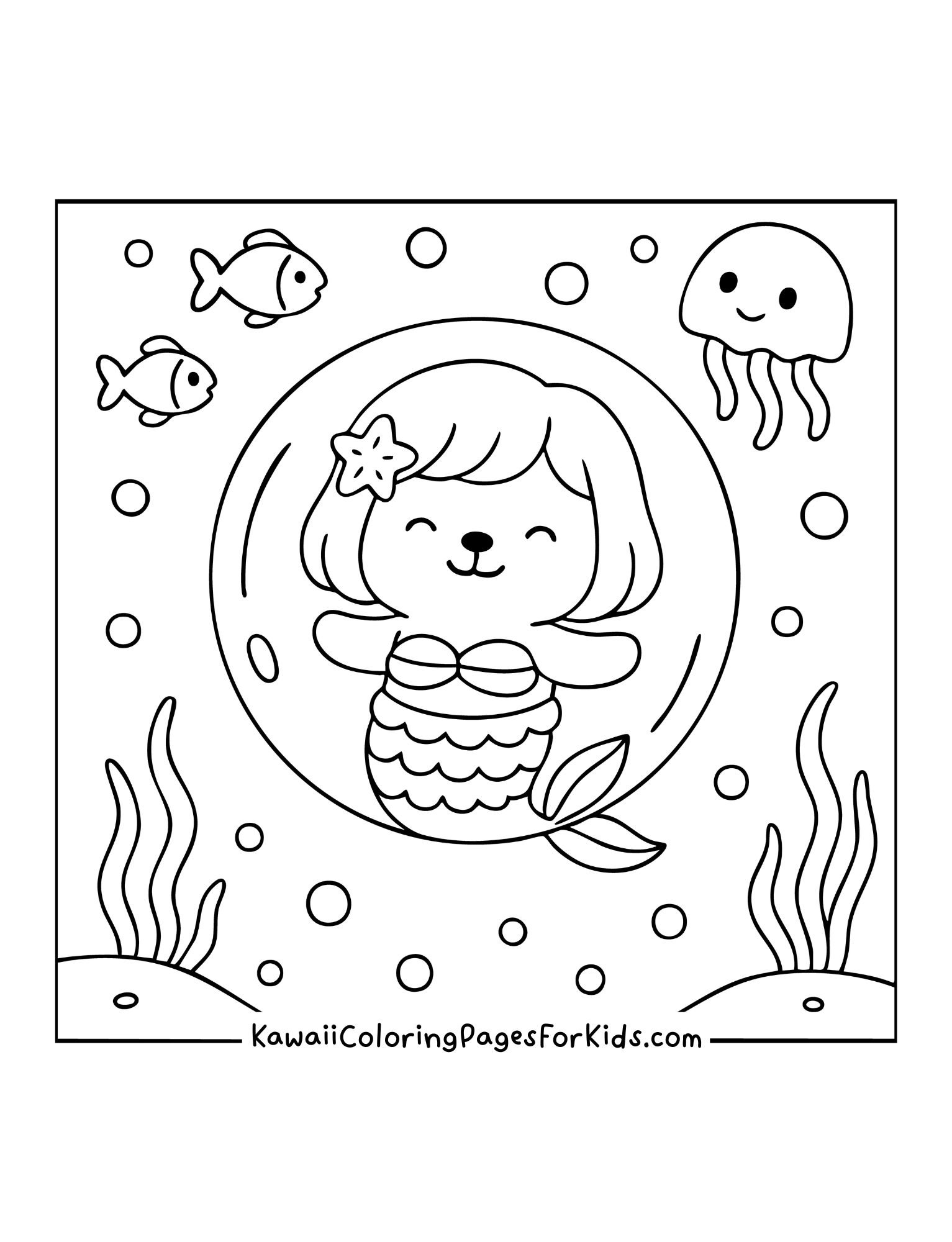 Mermaid bear floating inside a bubble with smiling jellyfish, fish, and ocean plants around.