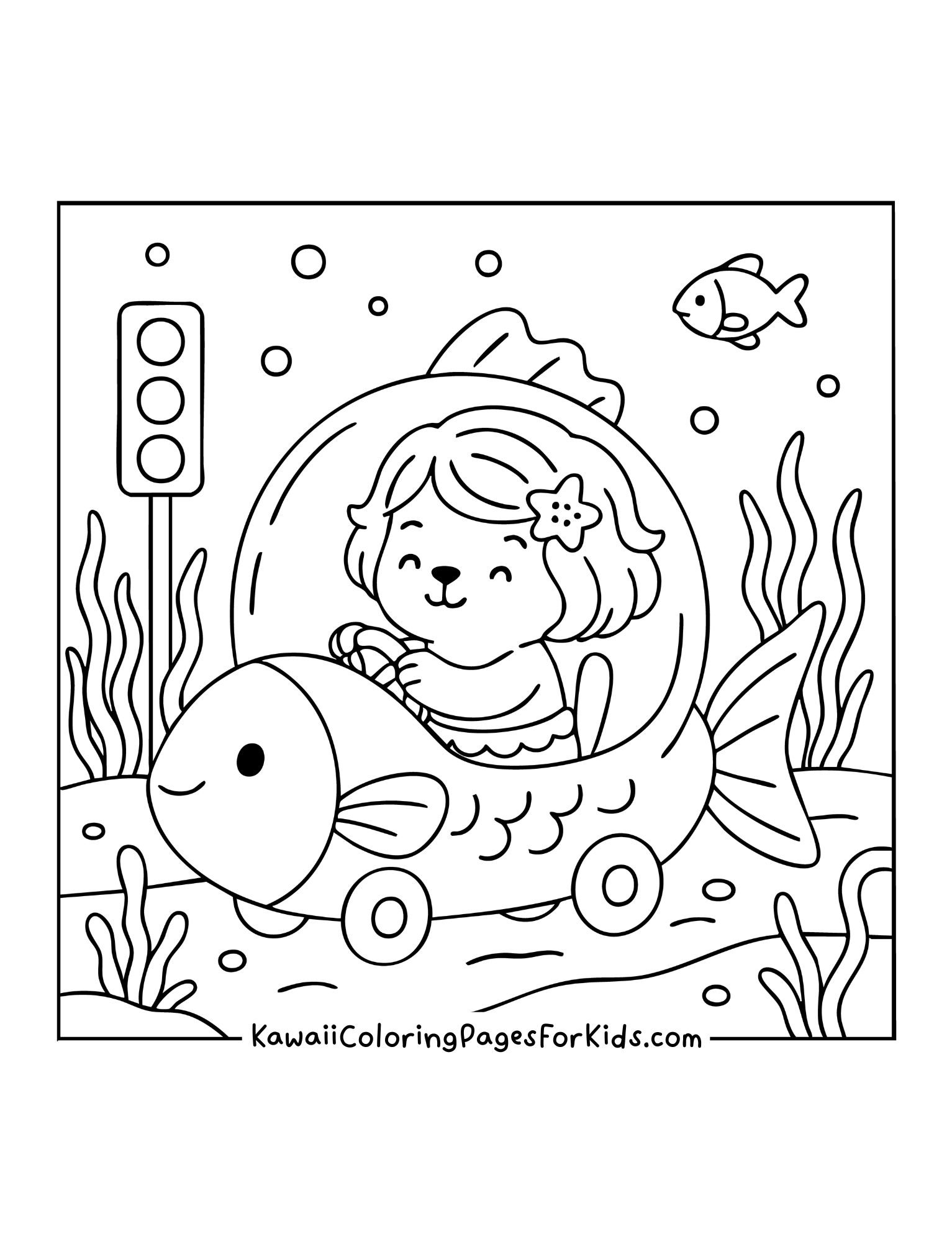Mermaid bear riding in fish-shaped car underwater with traffic light, fish, and seaweed.