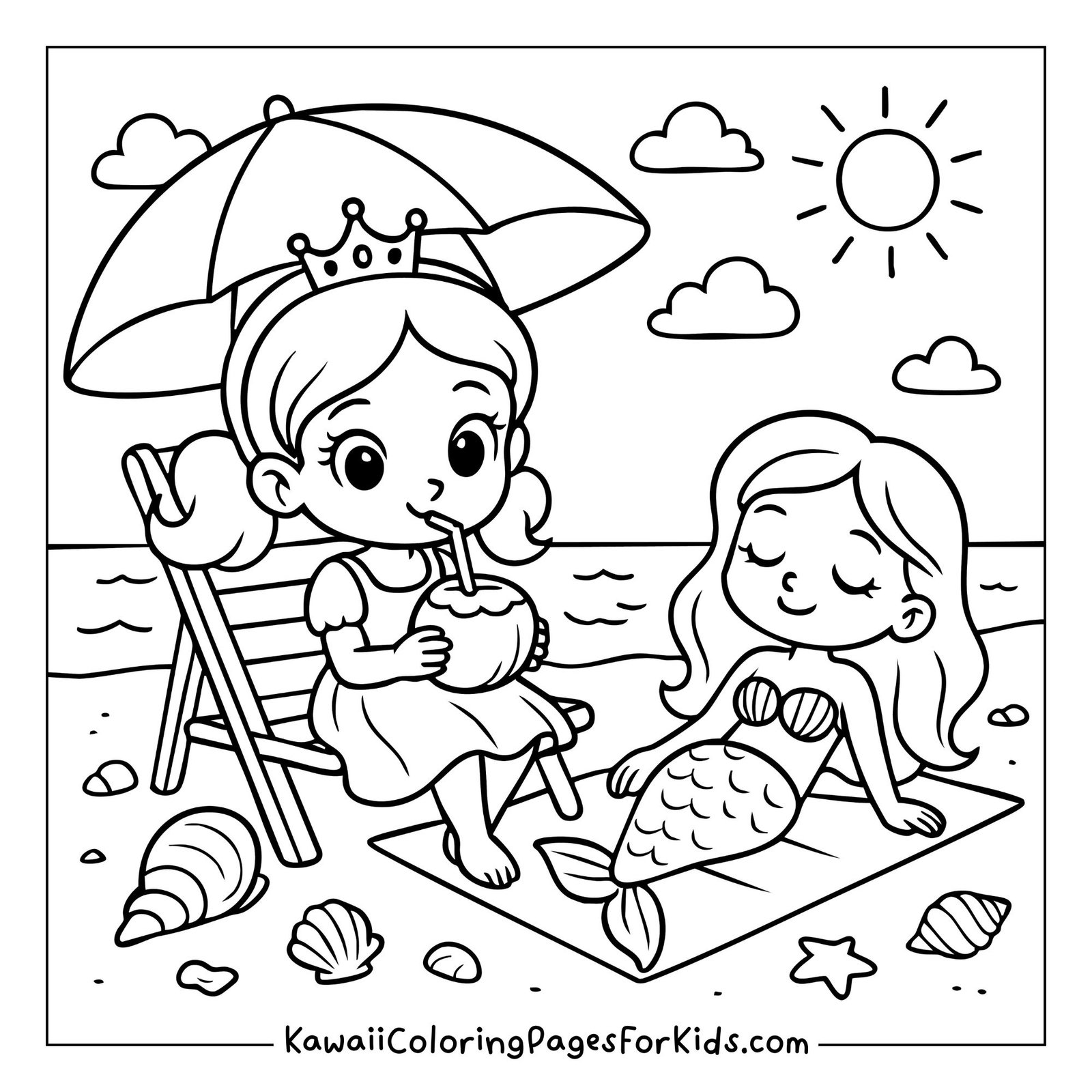 Princess drinking under umbrella beside mermaid on sandy beach with seashells, ocean coloring page for kids.