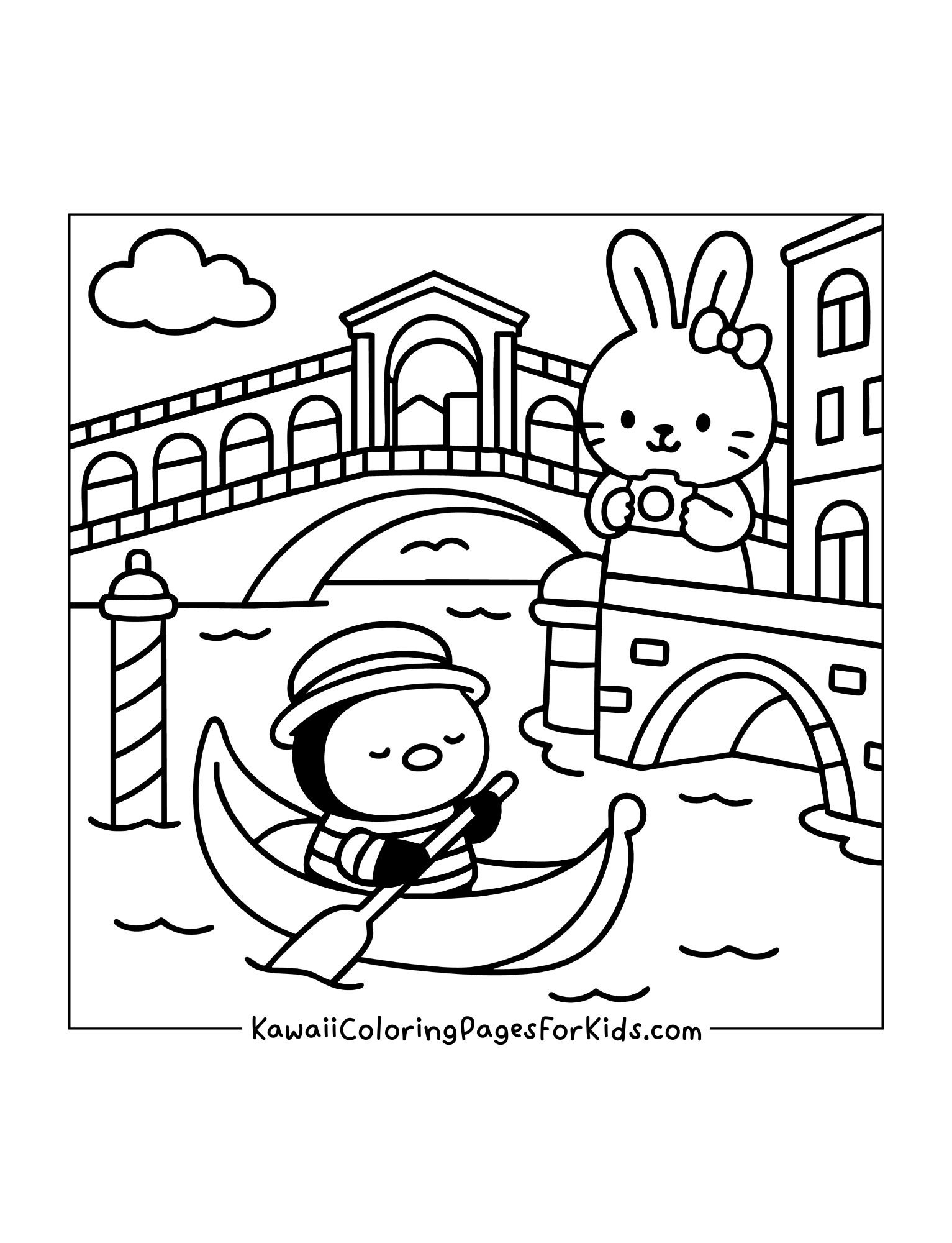 Penguin rowing gondola in Venice while bunny takes a picture from bridge with city buildings in background.