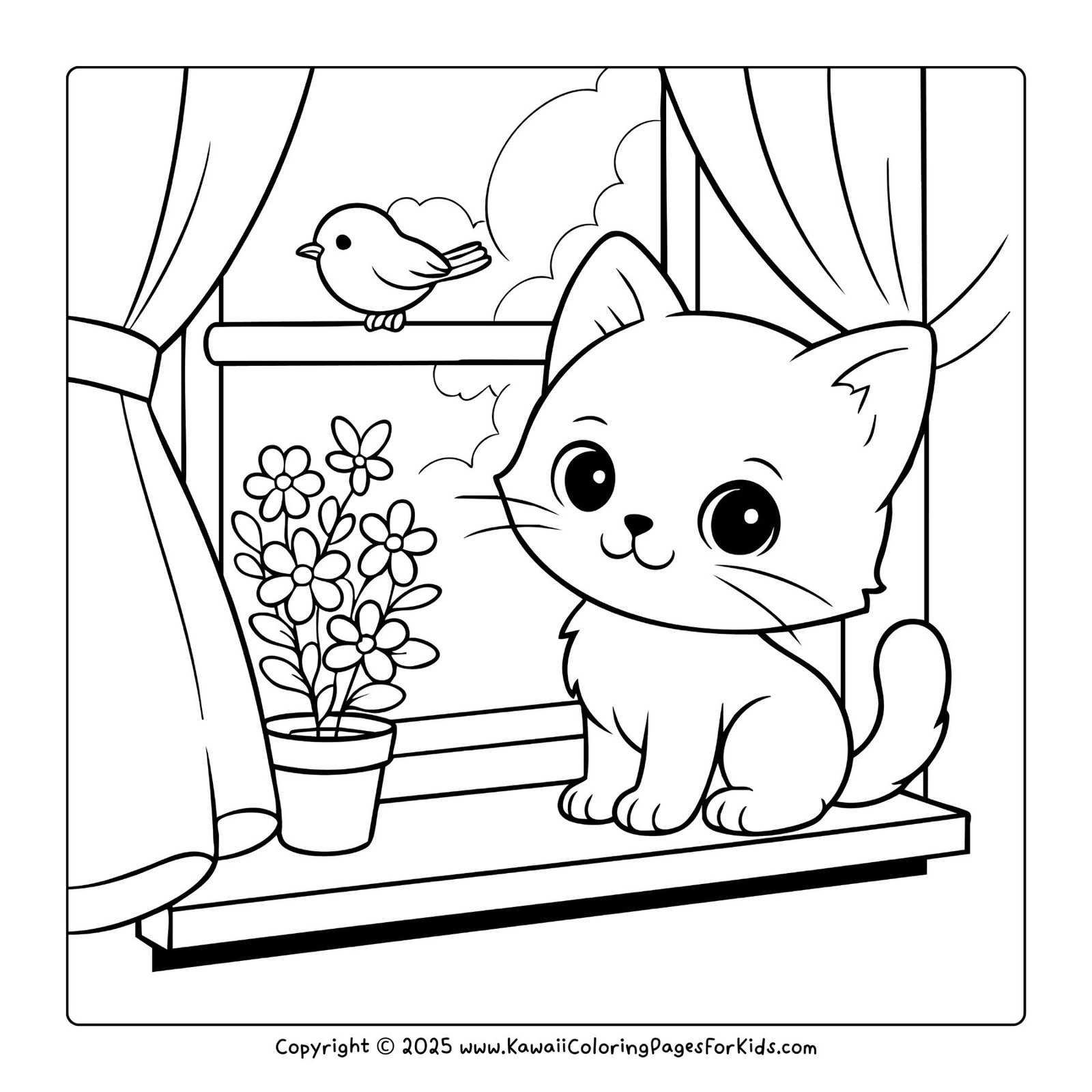 Kitten sitting on a window ledge with flowers and a bird, free printable kitten coloring page.