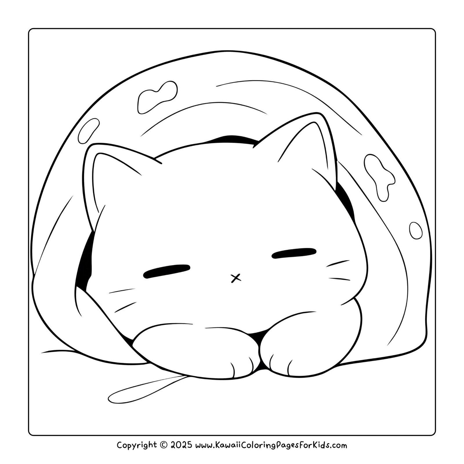 Printable kawaii cat coloring page – cute kitten sleeping peacefully under a blanket, free PDF coloring sheet for children.