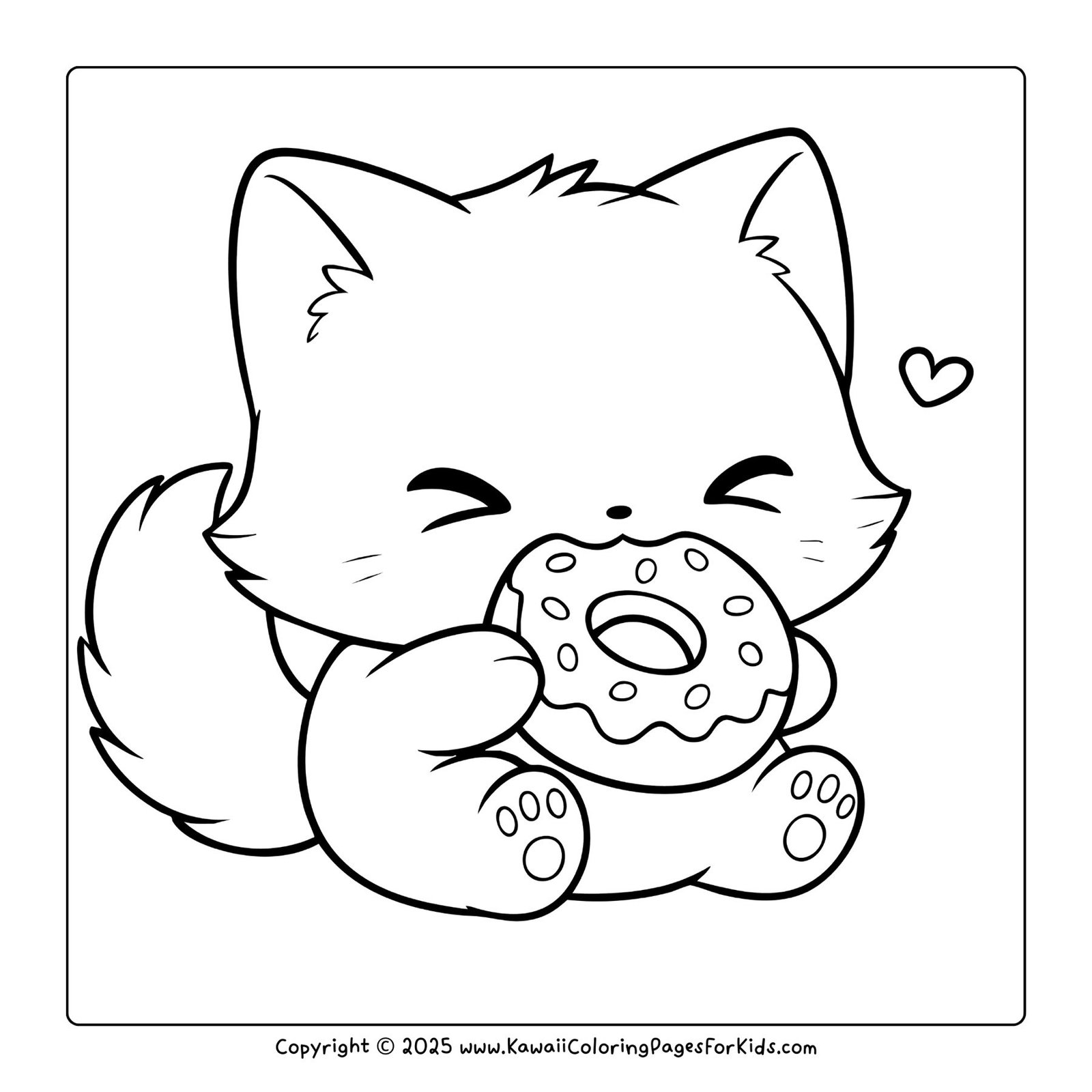 Fun cat coloring page — kawaii kitten enjoying a big donut, available as free printable PDF for kids.