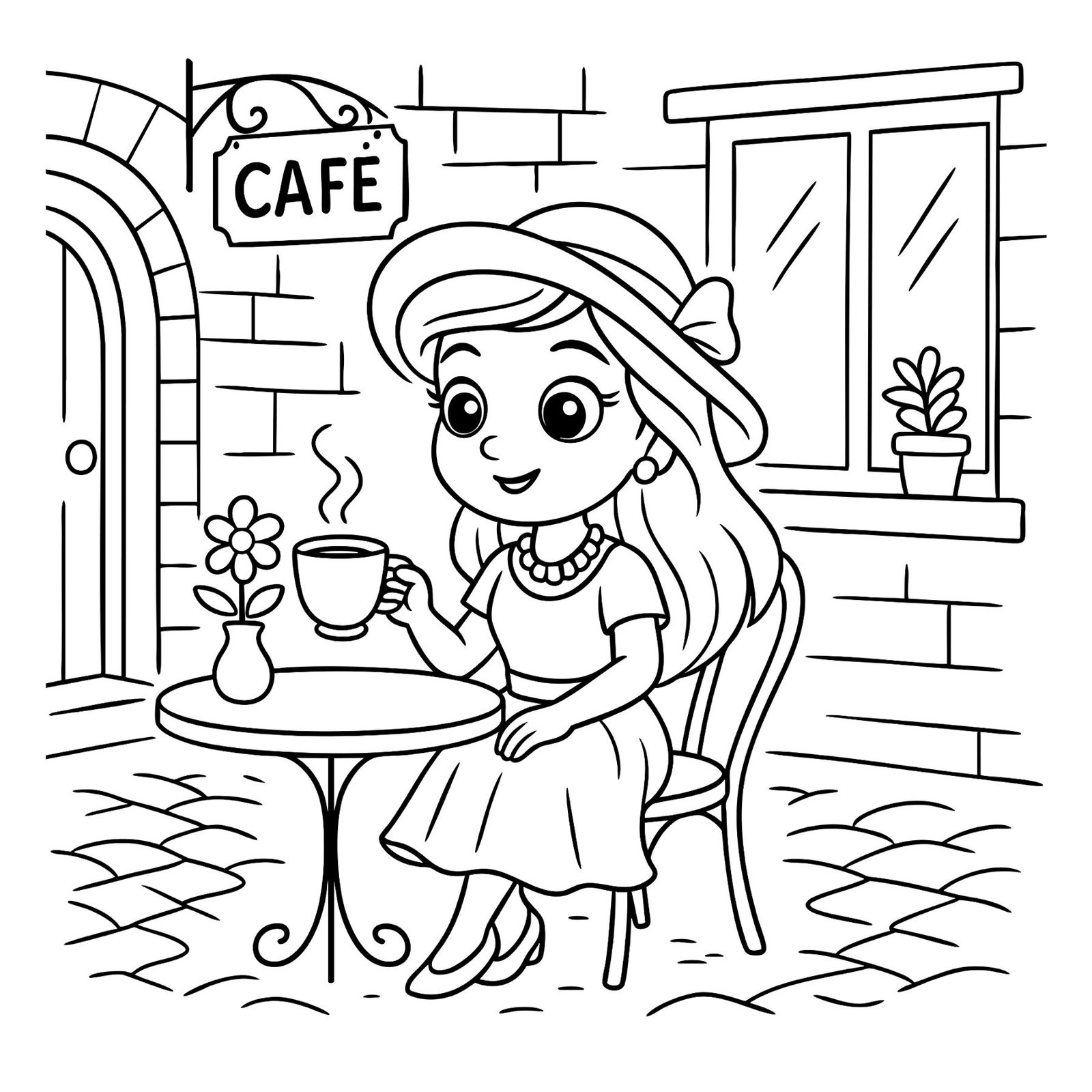 Cute coloring sheet of a kawaii princess drinking tea at a café table.