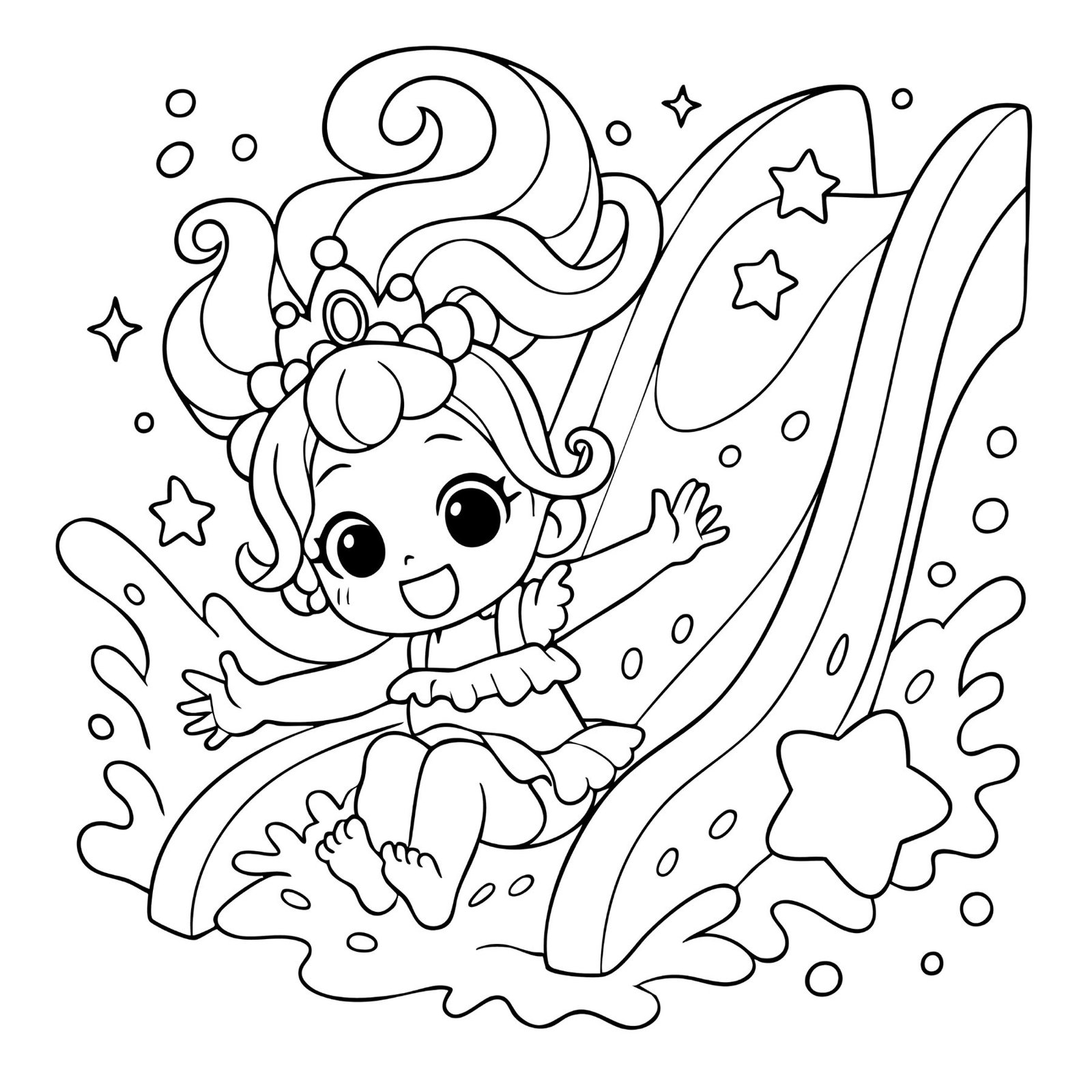 Cute kawaii princess coloring sheet of a girl with a crown sliding happily down a slide.