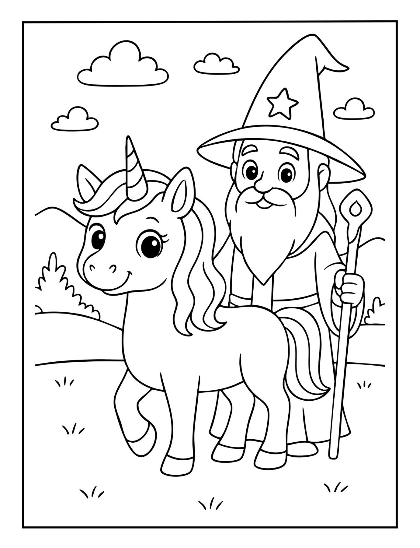 Magical unicorn coloring page of a unicorn with a wise wizard holding a staff under a bright sky.