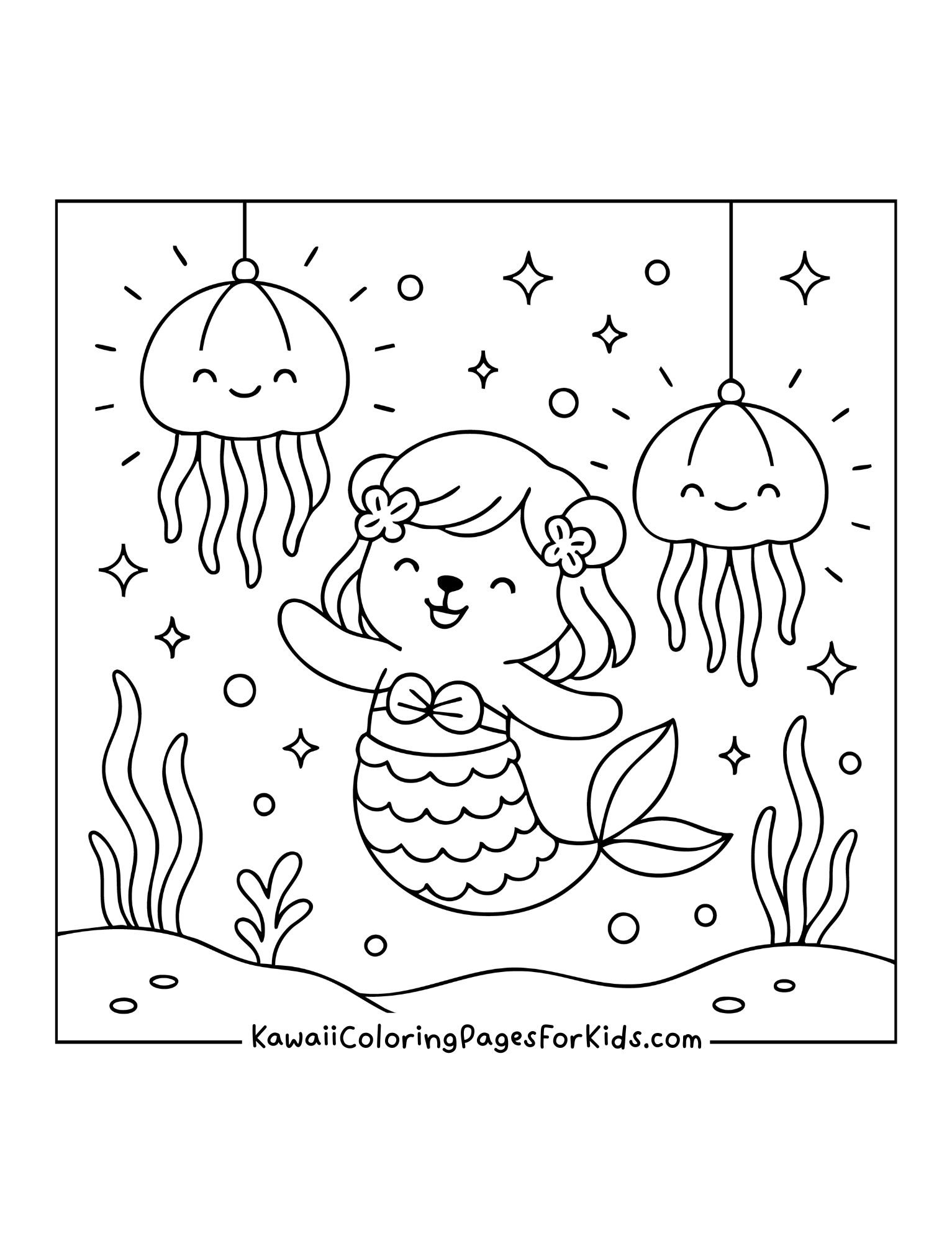 Happy mermaid bear swimming underwater with two smiling jellyfish, seaweed, and sparkling stars.