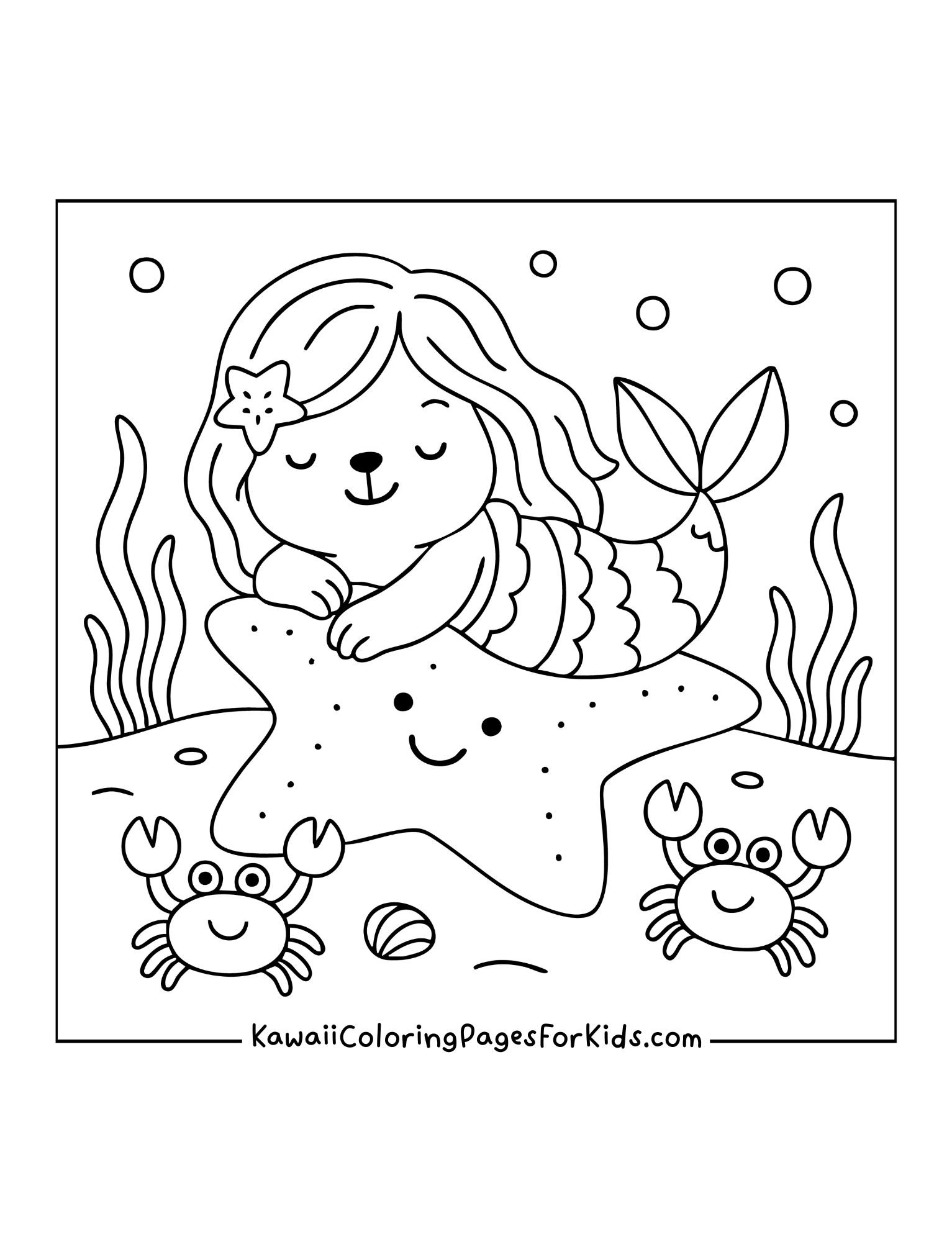 Mermaid bear lying on large starfish with two crabs and seashells around.